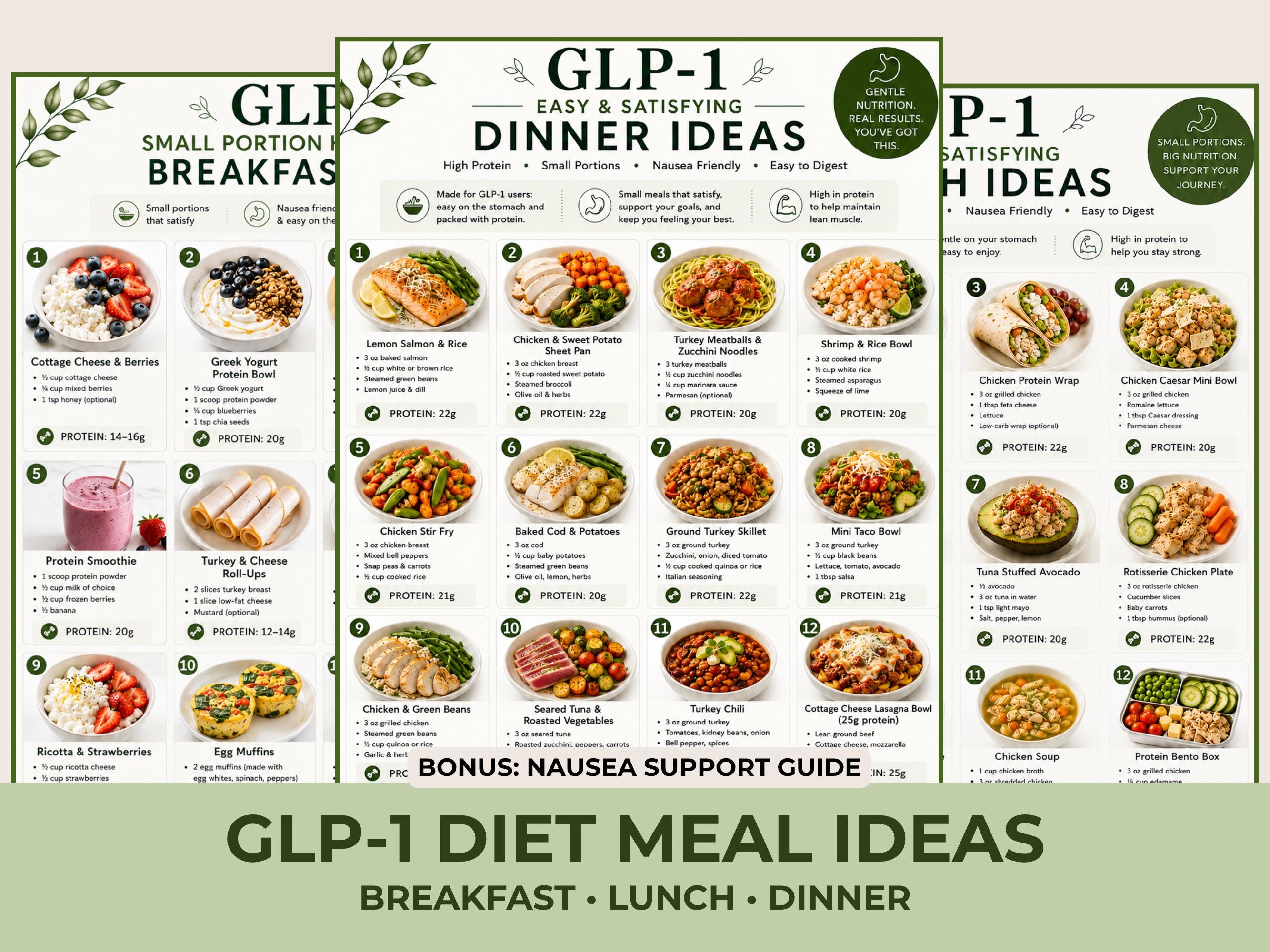 GLP-1 Meal Ideas Bundle, High Protein Breakfast, Lunch & Dinner Ideas + Nausea Foods Guide