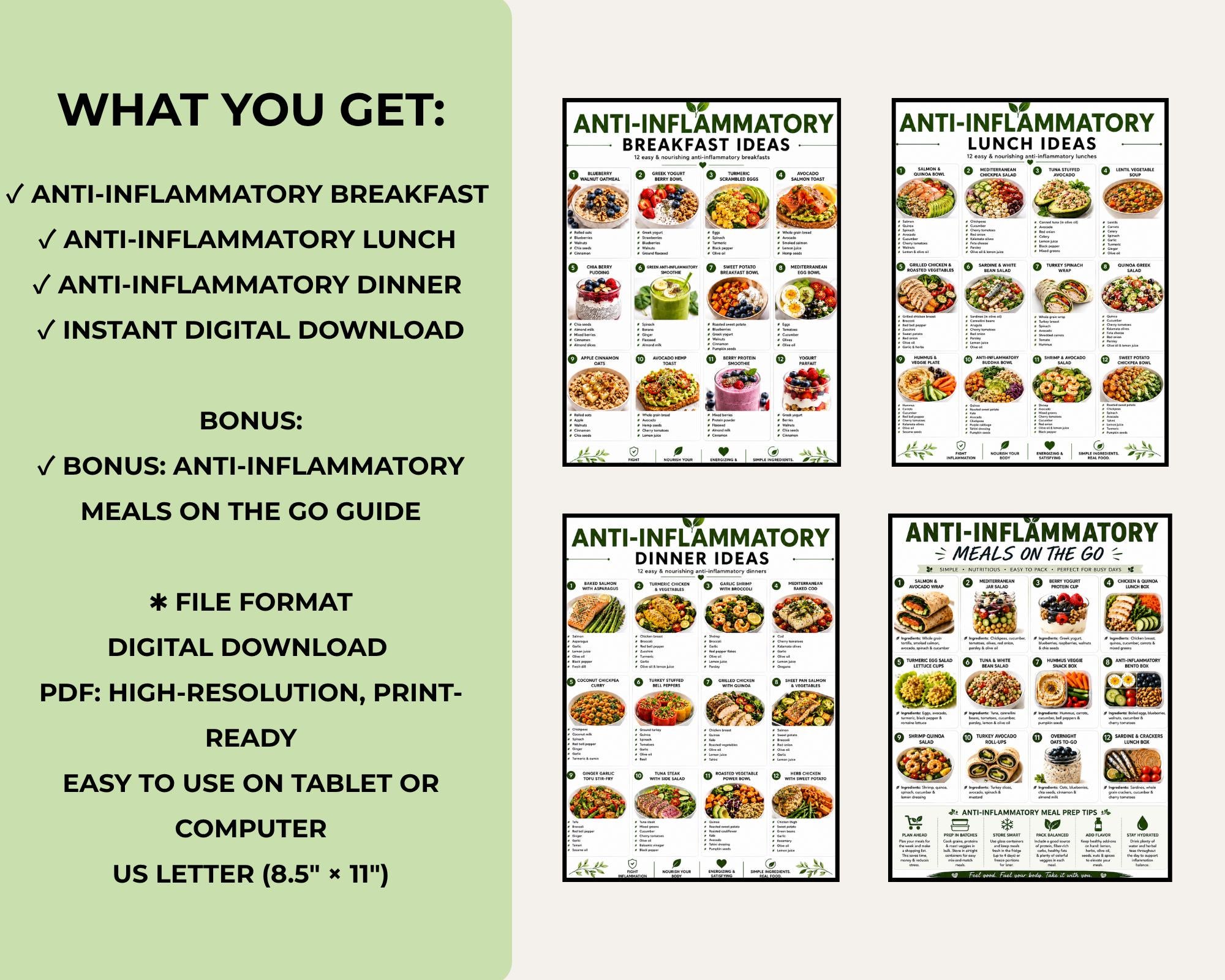 Anti Inflammatory Meal Ideas Printable, Breakfast Lunch Dinner Recipes, Healthy Eating Guide PDF