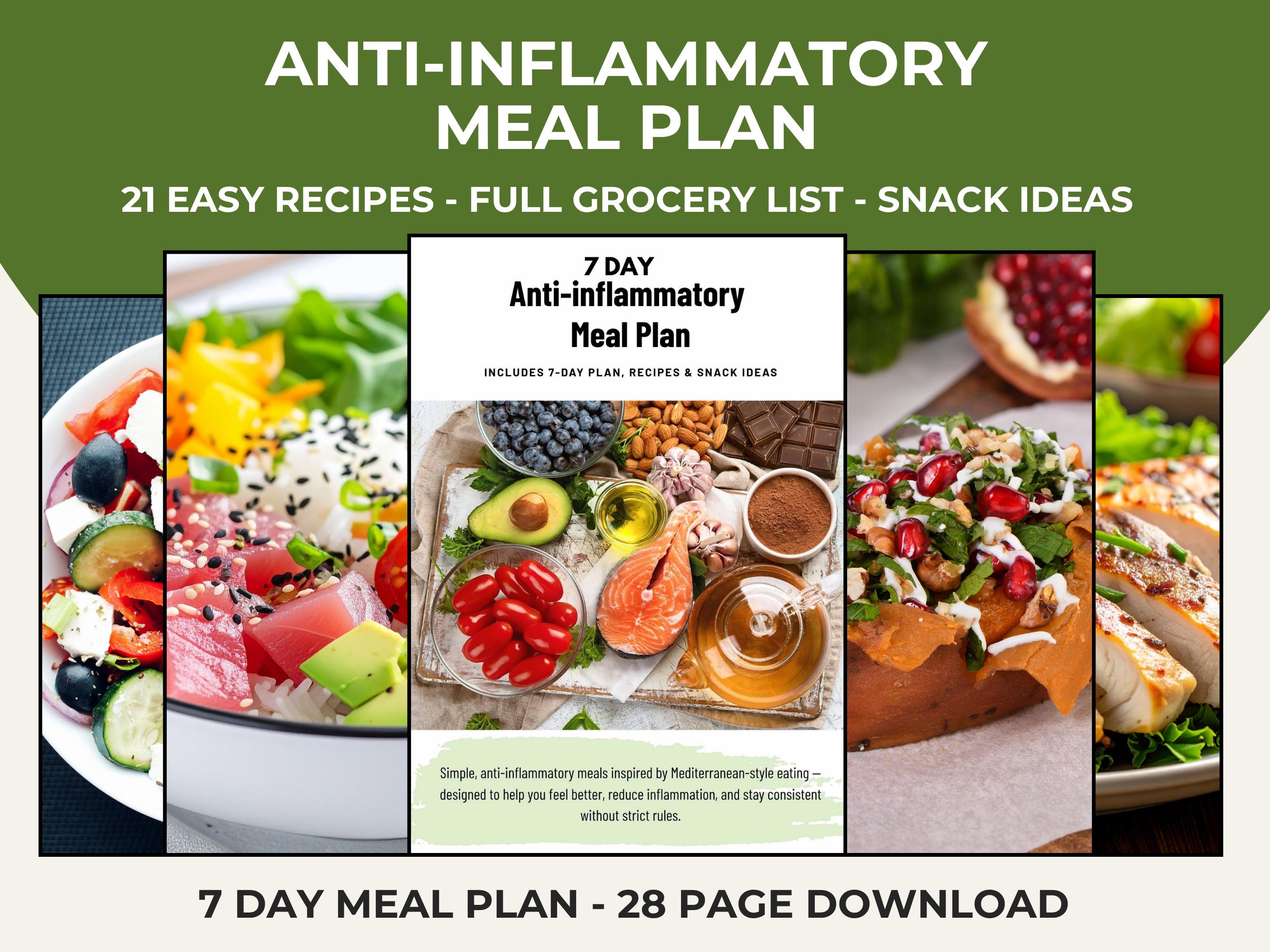 Anti Inflammatory Meal Plan, Anti Inflammatory Meals, 7 Day Printable Diet Plan, Recipes, Grocery & Snack List PDF