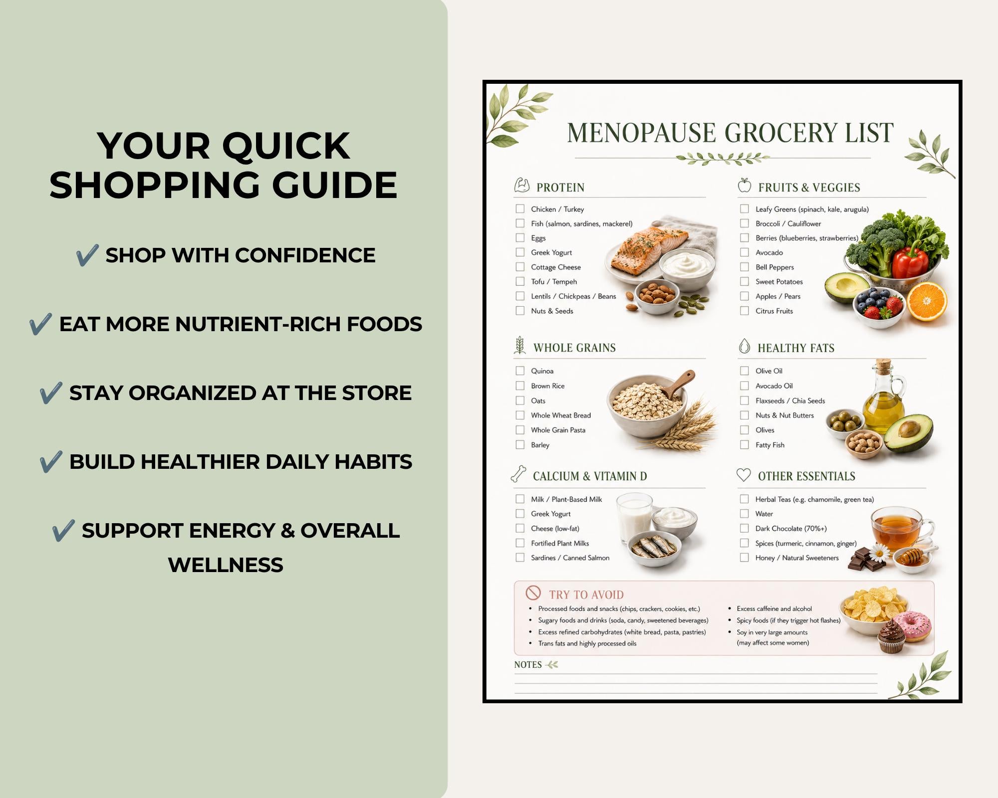 Menopause Grocery Shopping List, Weekly Wellness Tracker, Printable PDF