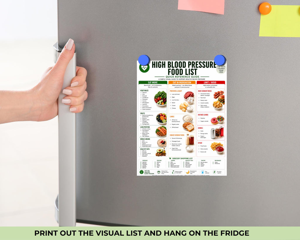 High Blood Pressure Food List Printable, Low Sodium Diet Chart, Heart Healthy Foods, Grocery List PDF + Food Journal