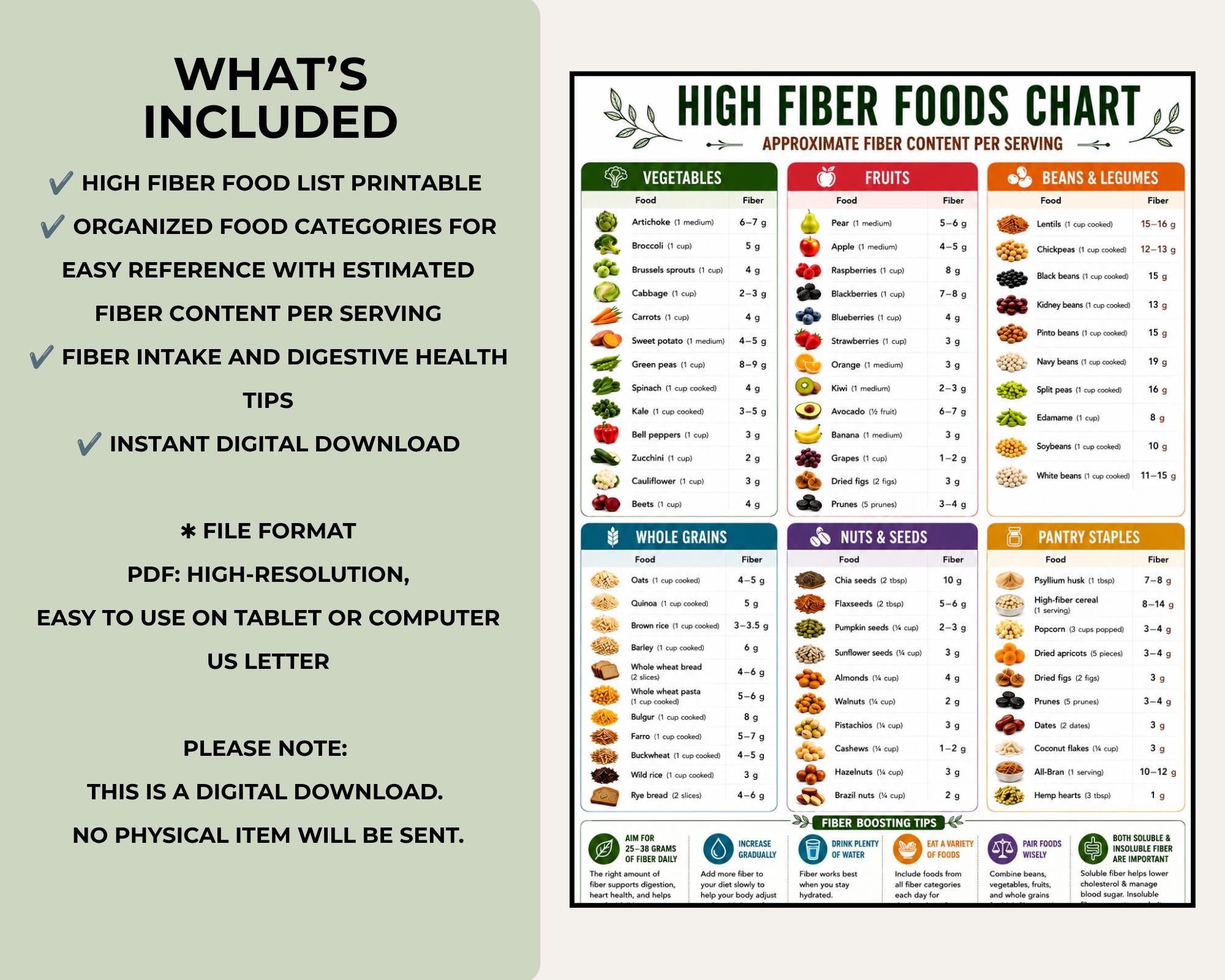 High Fiber Foods Chart, Digestive Health Diet Guide Printable