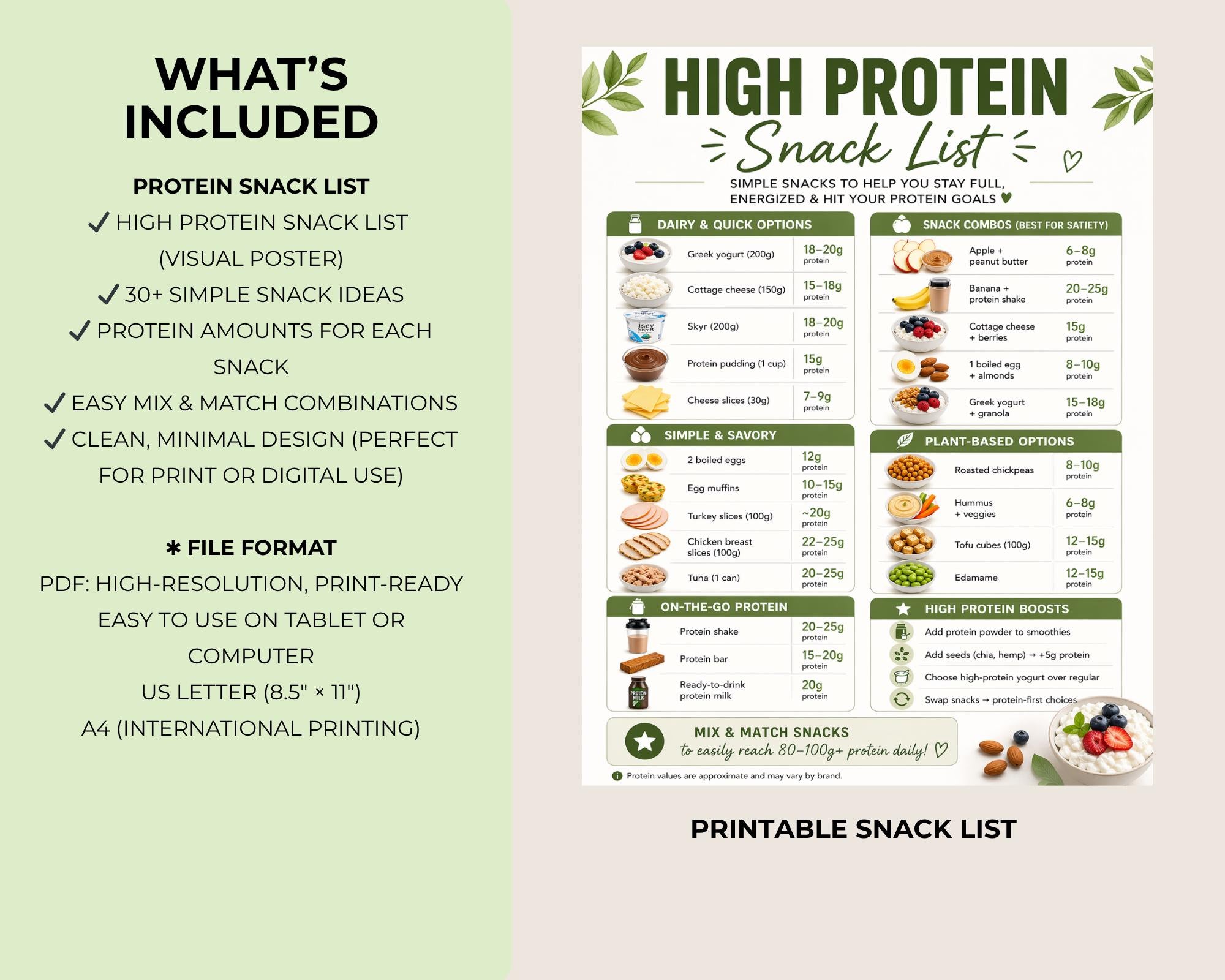 High Protein Snack List, Easy High Protein Snack Ideas, Printable PDF
