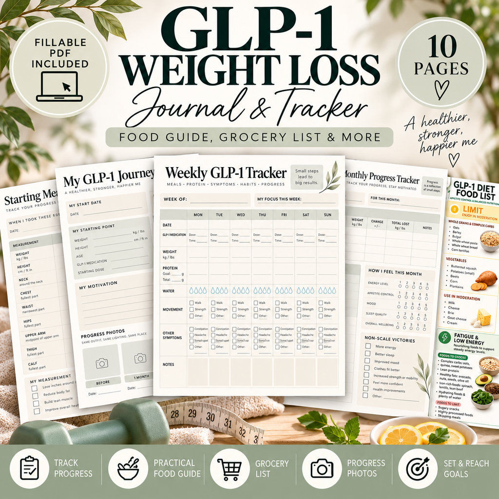GLP-1 Weight Loss Journal & Tracker, Fillable PDF, GLP-1 Food Guide and Grocery List