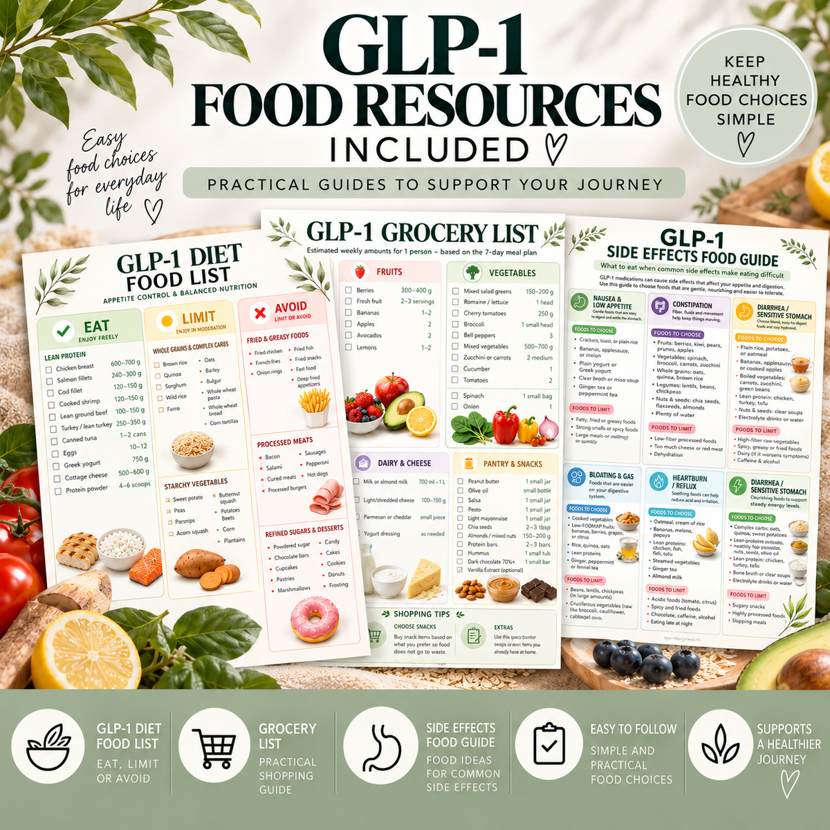 GLP-1 Weight Loss Journal & Tracker, Fillable PDF, GLP-1 Food Guide and Grocery List