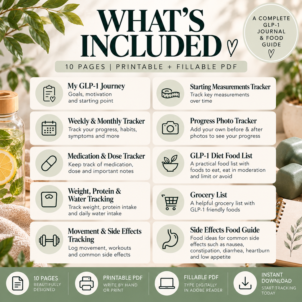 GLP-1 Weight Loss Journal & Tracker, Fillable PDF, GLP-1 Food Guide and Grocery List