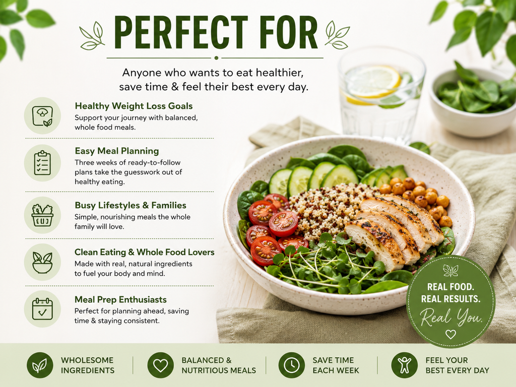 3 Week Whole Foods Meal Plan, 68 Healthy Recipes, Grocery Lists (PDF Download)