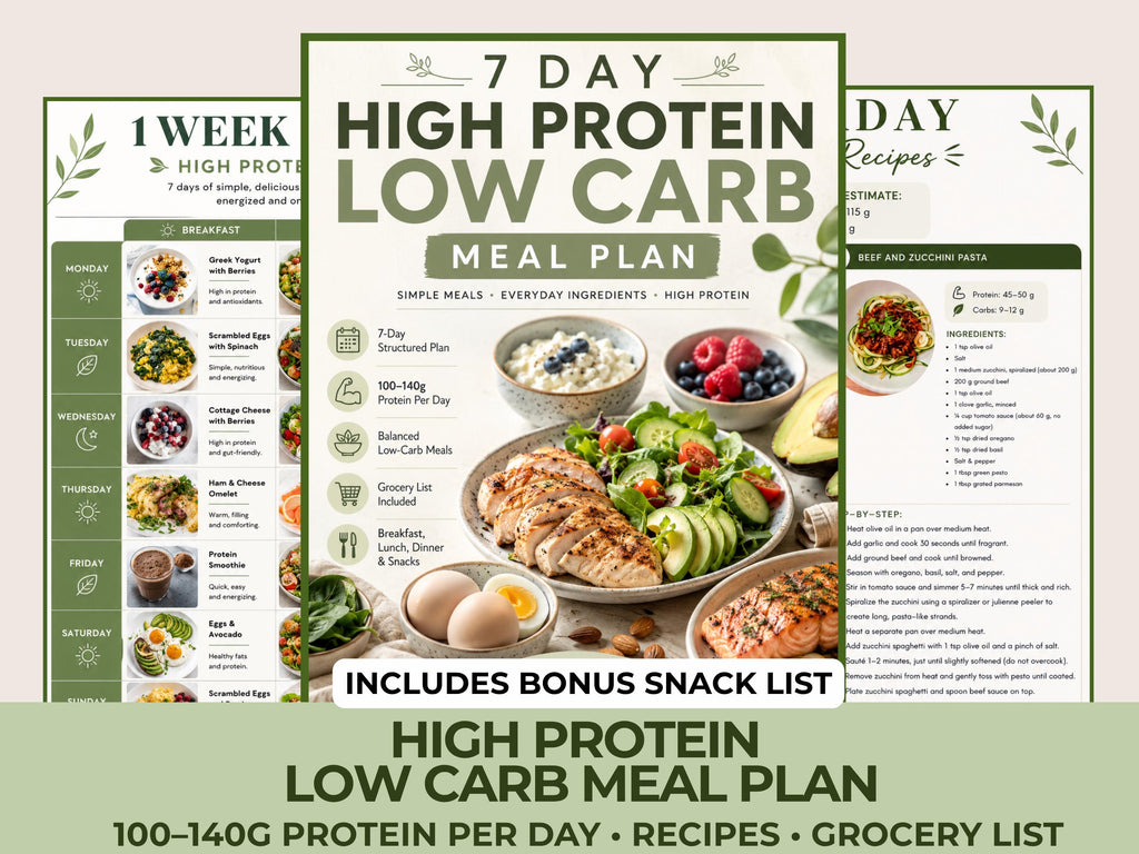 High Protein Low Carb Meal Plan, 7 Day Meal Plan with Recipes and Grocery List