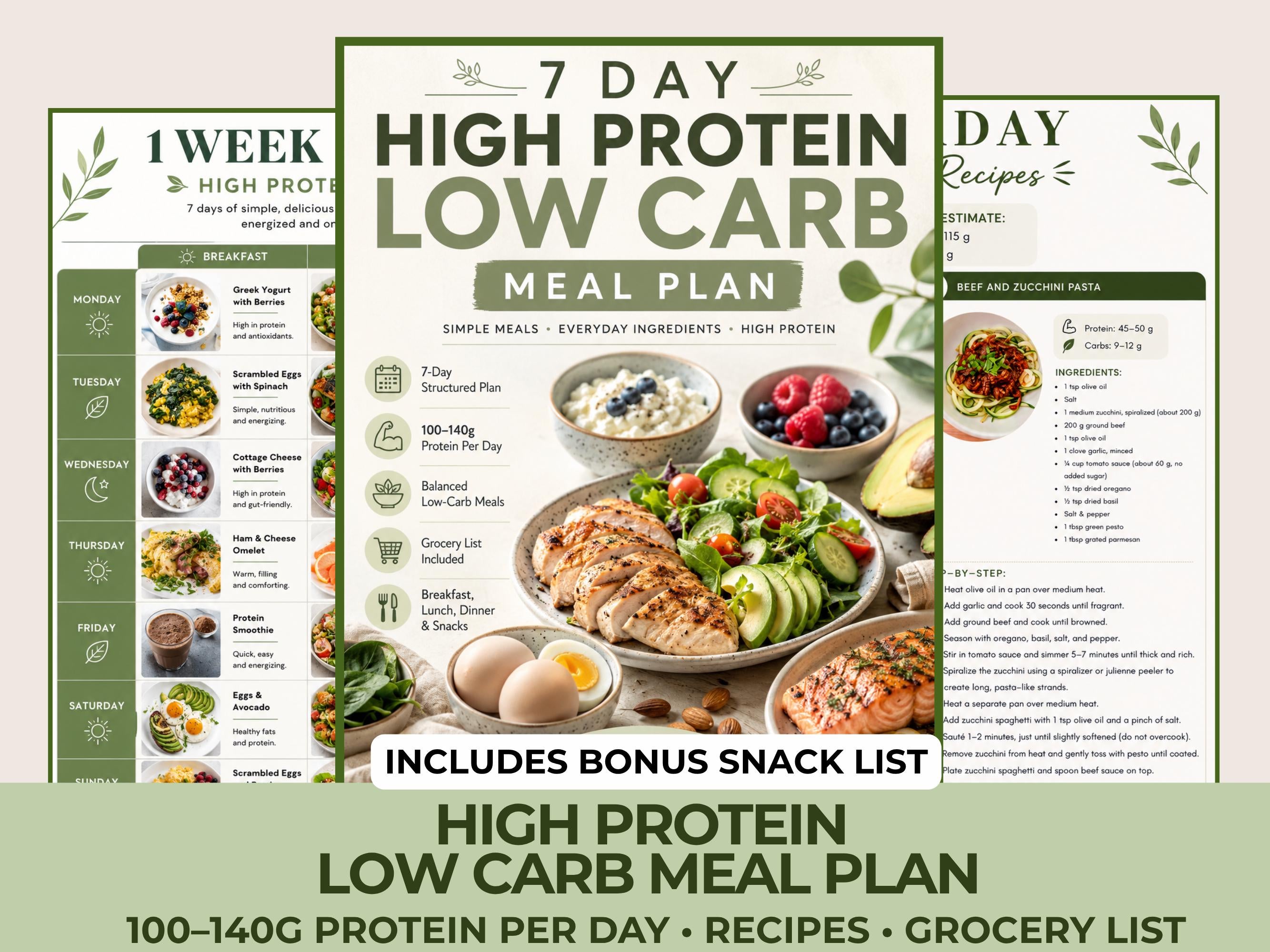 High Protein Low Carb Meal Plan, 7 Day Meal Plan with Recipes and Grocery List