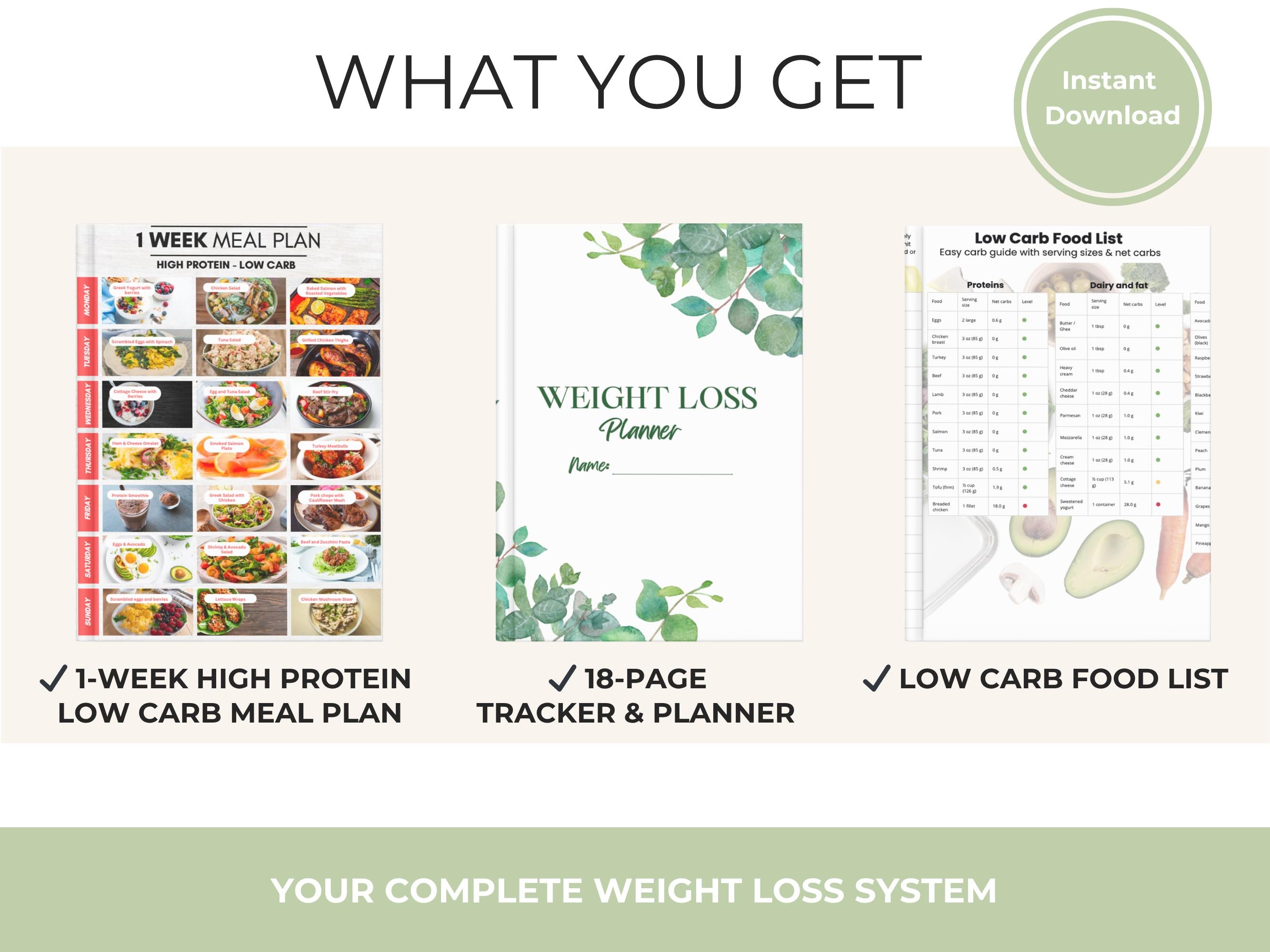 Weight Loss Guide Bundle, High Protein Low Carb Meal Plan, Tracker & Food Lists Printable
