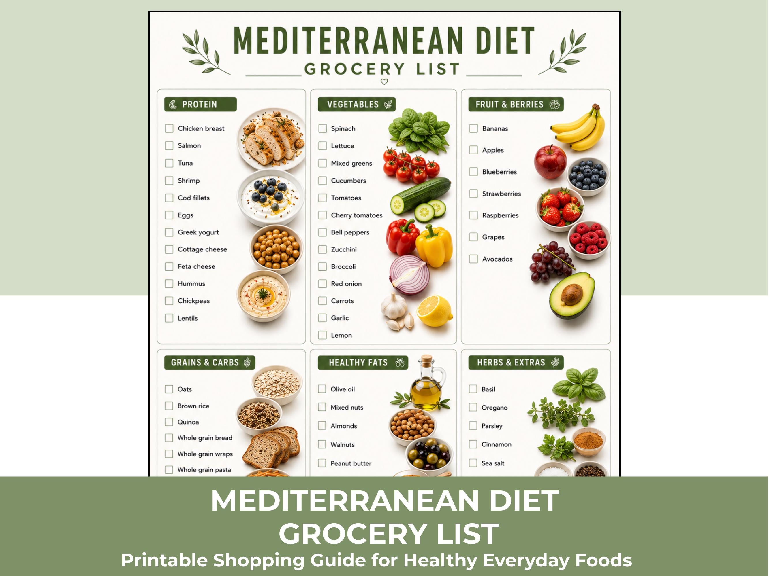 Mediterranean Diet Grocery List Printable, Healthy Shopping List PDF