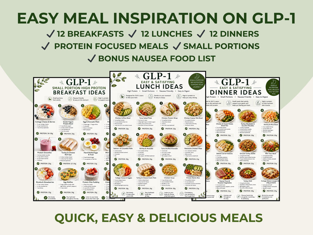 GLP-1 Meal Ideas Bundle, High Protein Breakfast, Lunch & Dinner Ideas + Nausea Foods Guide