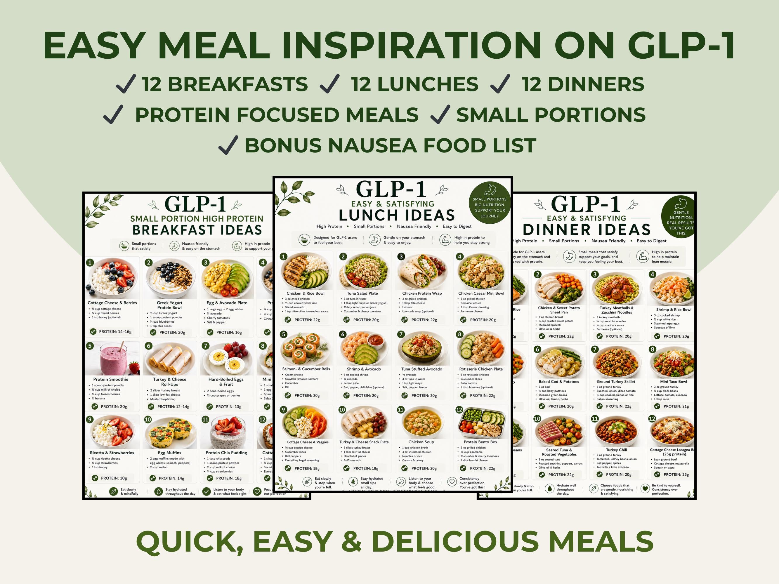 GLP-1 Meal Ideas Bundle, High Protein Breakfast, Lunch & Dinner Ideas + Nausea Foods Guide