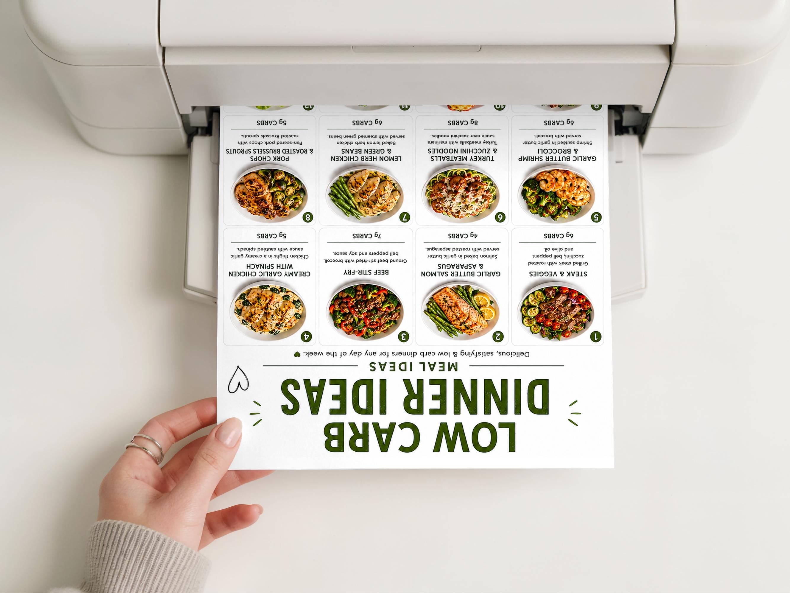 Low Carb Meal List Printable, Breakfast Lunch Dinner Ideas, PDF