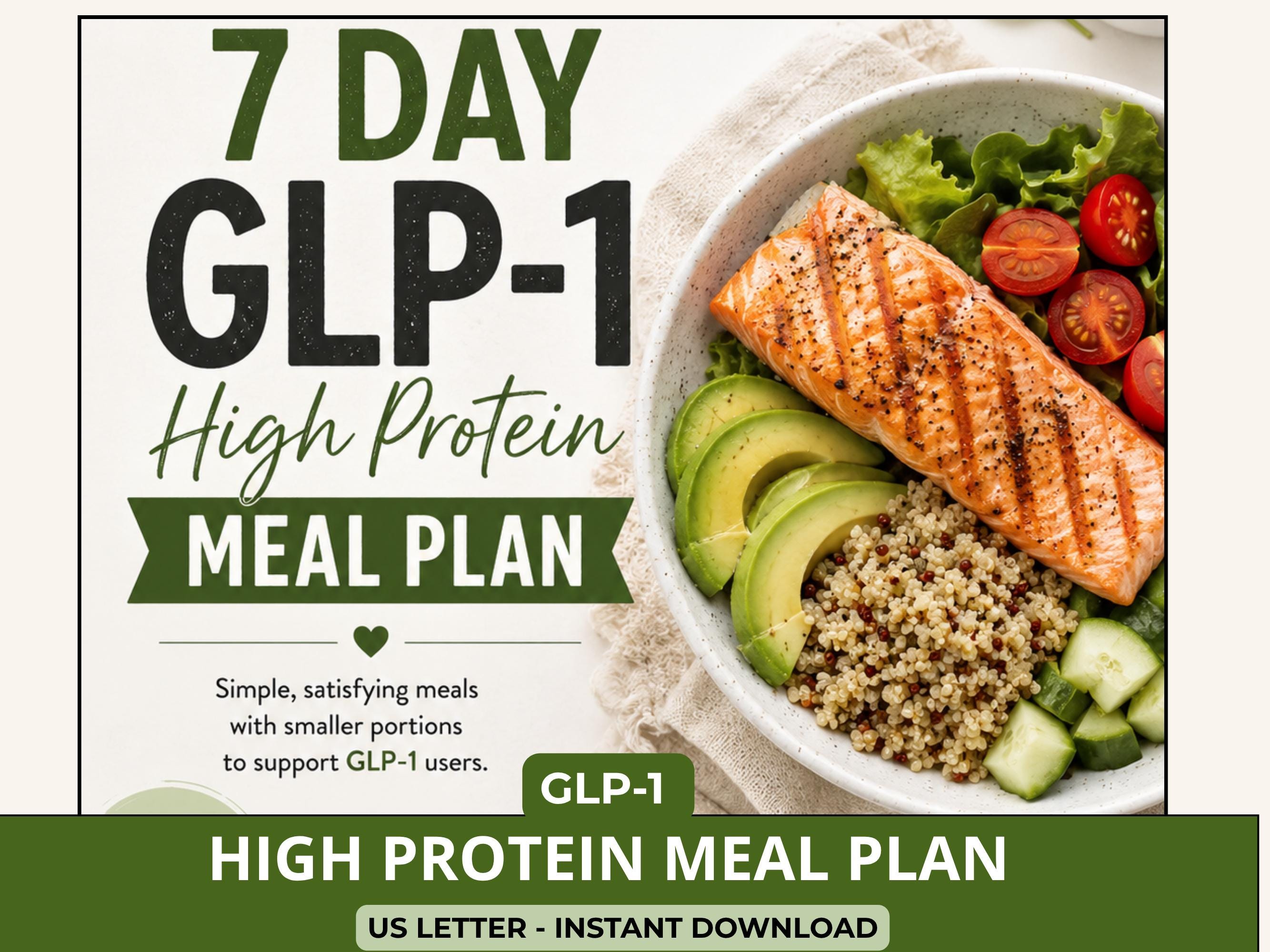 GLP-1 Meal Plan, High Protein Small Portion Meals, 7 Day Ozempic Wegovy Mounjaro Diet Plan, Grocery List PDF