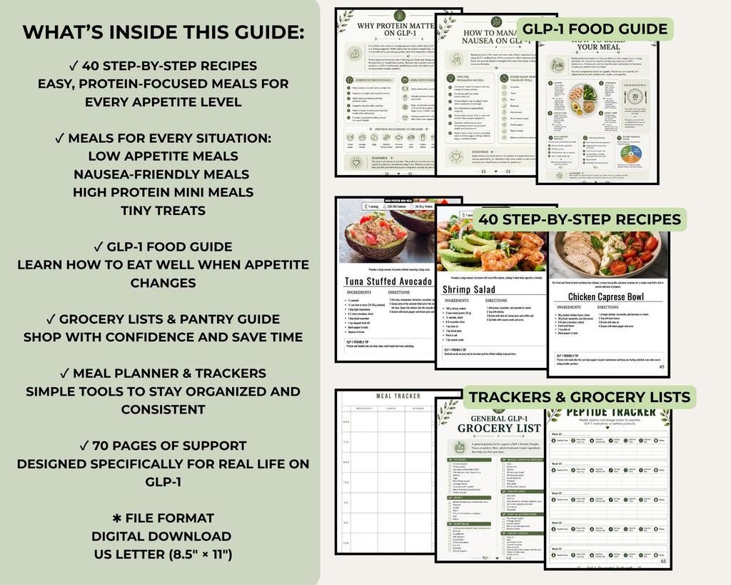 Ultimate GLP-1 Diet Food Guide, 40 Recipes, Meal Plan, Grocery Lists, Planner & Tracker