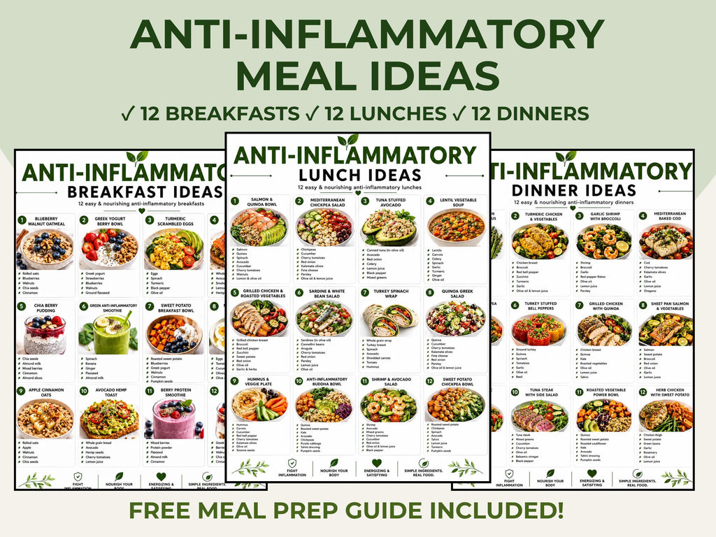 Anti Inflammatory Meal Ideas Printable, Breakfast Lunch Dinner Recipes, Healthy Eating Guide PDF
