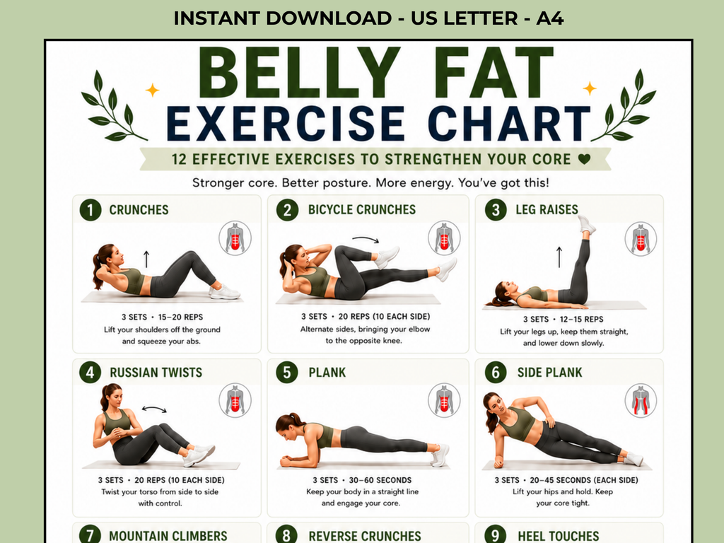 Belly Fat Exercise Chart Printable, Belly Fat Workout, Core Workout Plan, Fitness Tracker (Digital Download)