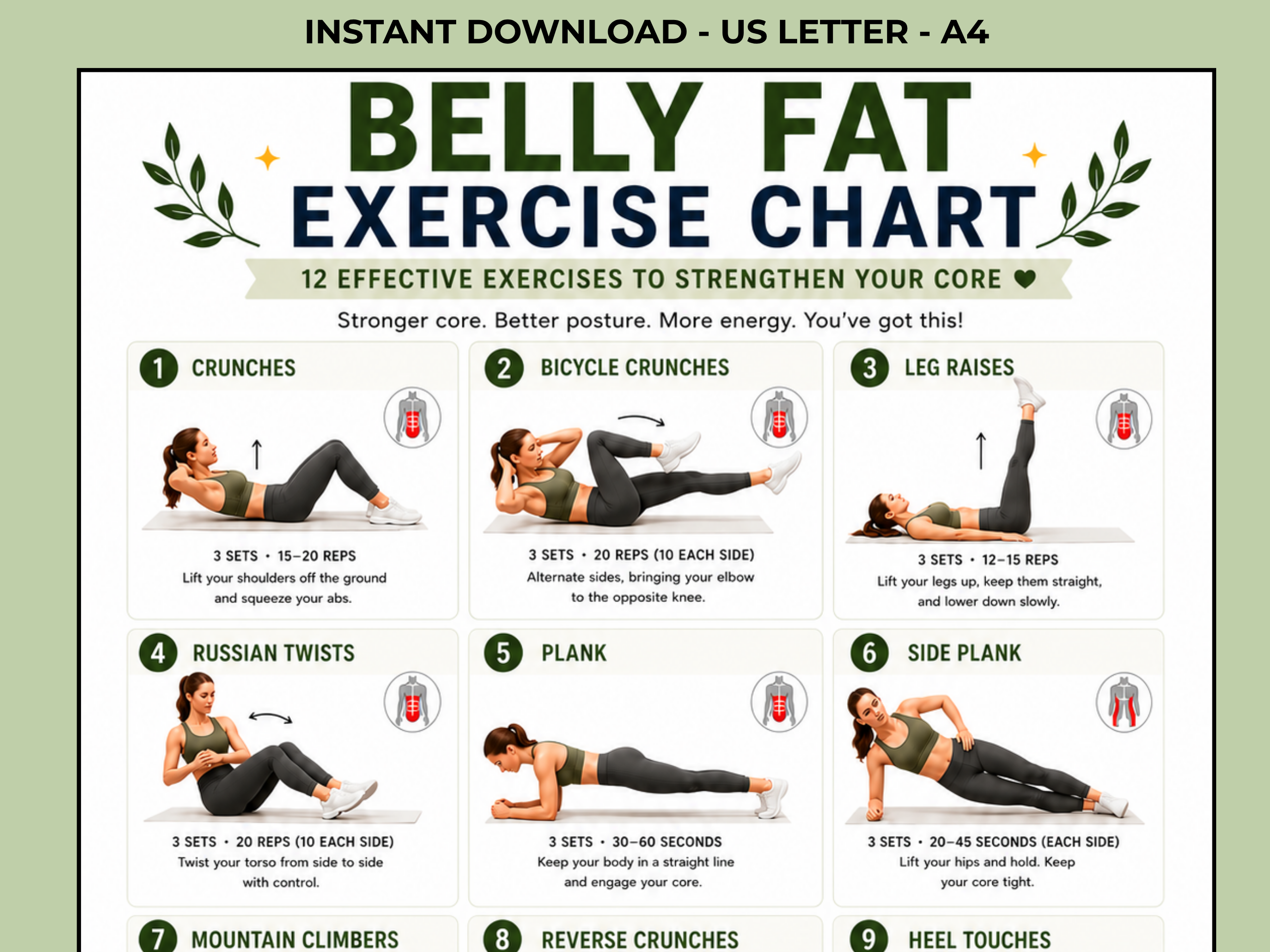 Belly Fat Exercise Chart Printable, Belly Fat Workout, Core Workout Plan, Fitness Tracker (Digital Download)