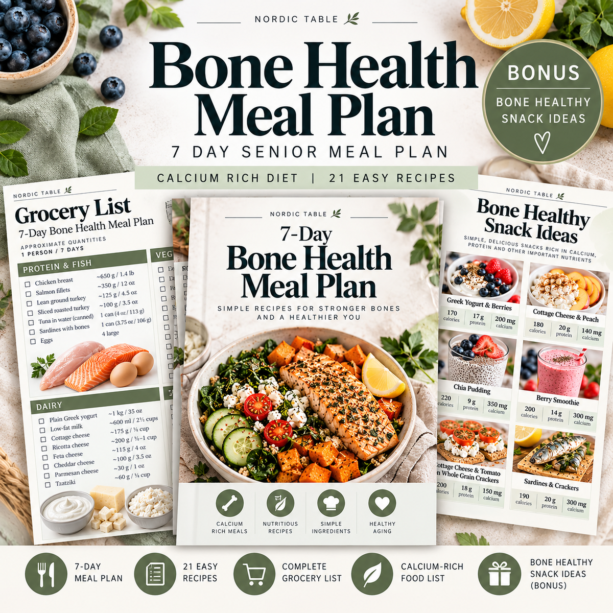 Bone Health Meal Plan, 7 Day Senior Meal Plan, Calcium Rich Diet, 21 Easy Recipes