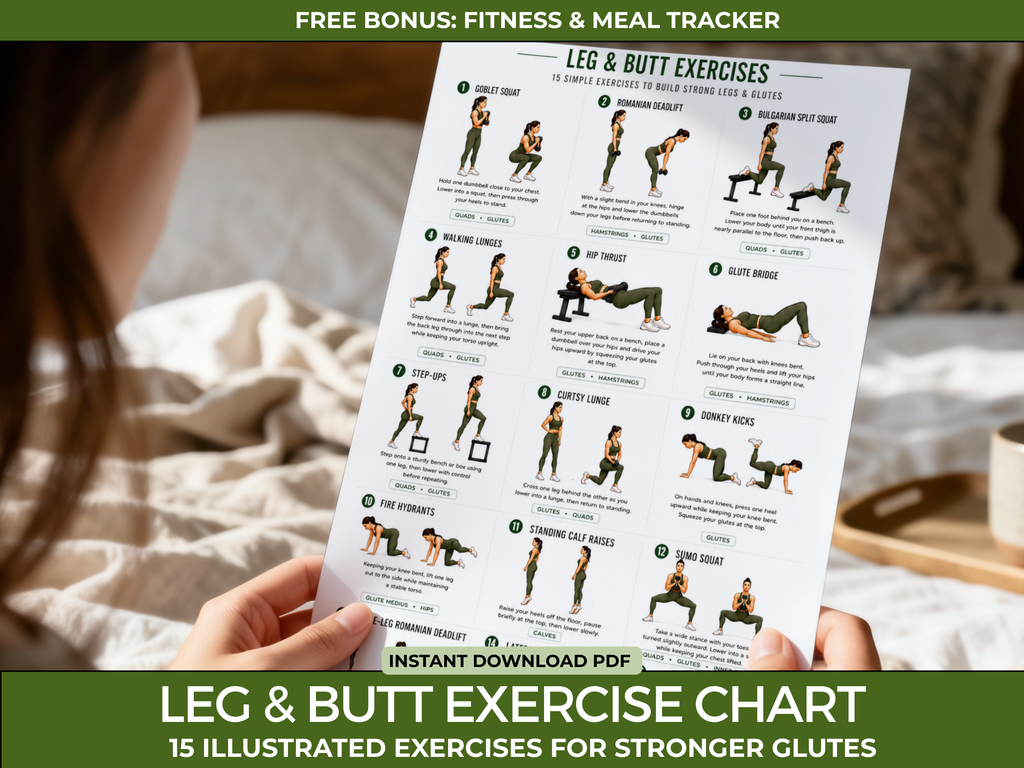 Leg & Butt Workout Chart Printable, 15 Glute and Leg Exercises, Home Workout Poster, Lower Body Exercise Guide