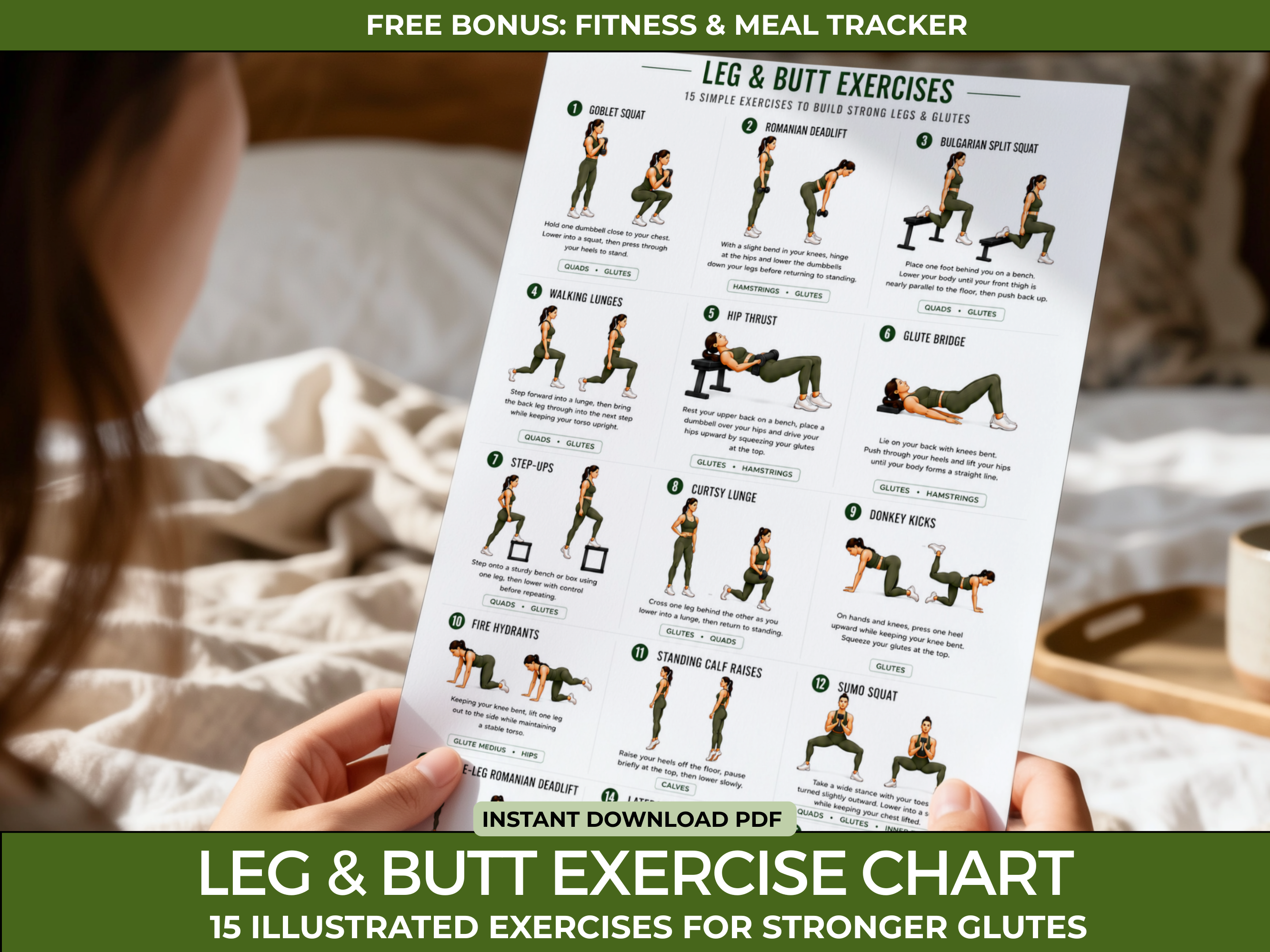 Leg & Butt Workout Chart Printable, 15 Glute and Leg Exercises, Home Workout Poster, Lower Body Exercise Guide