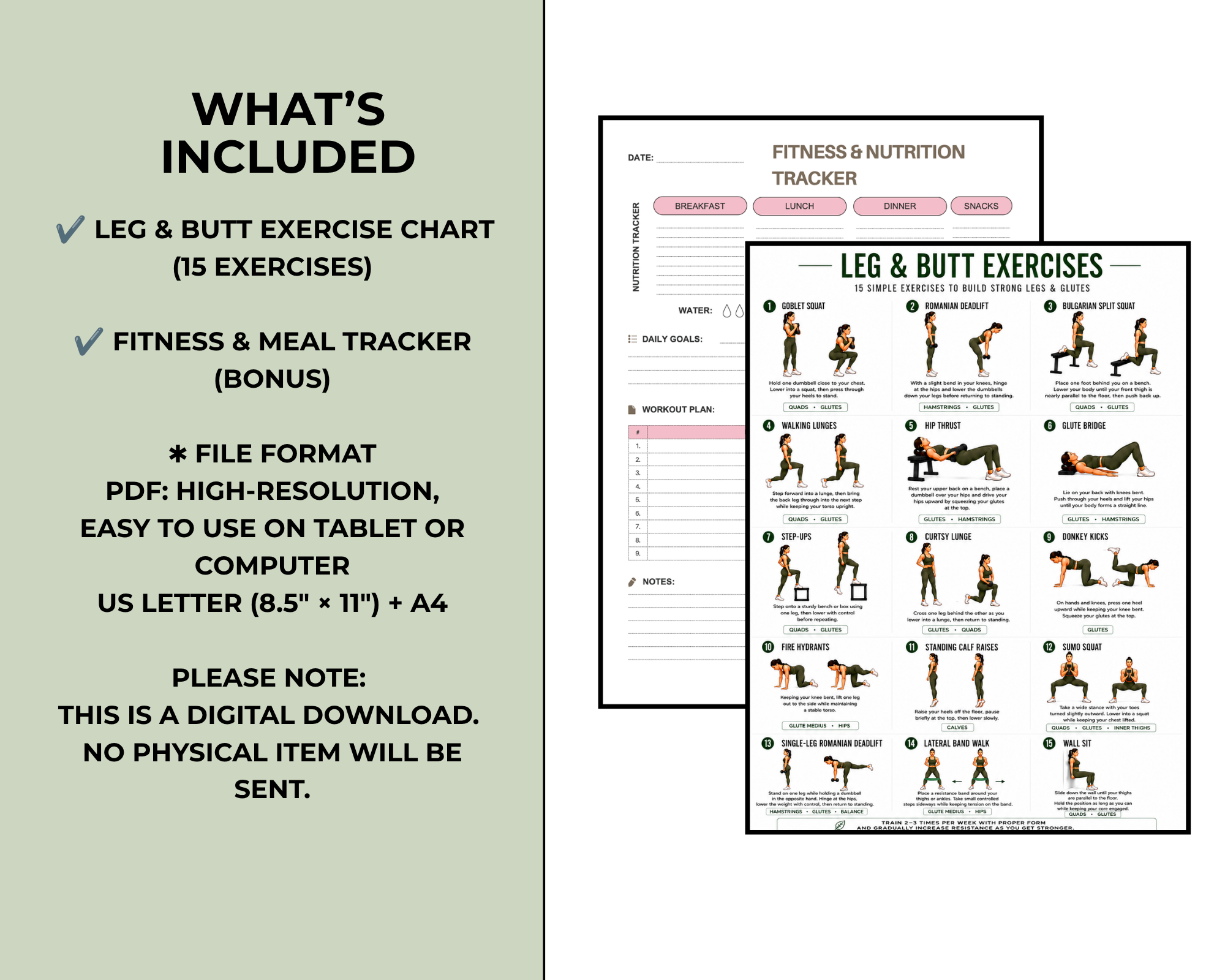 Leg & Butt Workout Chart Printable, 15 Glute and Leg Exercises, Home Workout Poster, Lower Body Exercise Guide