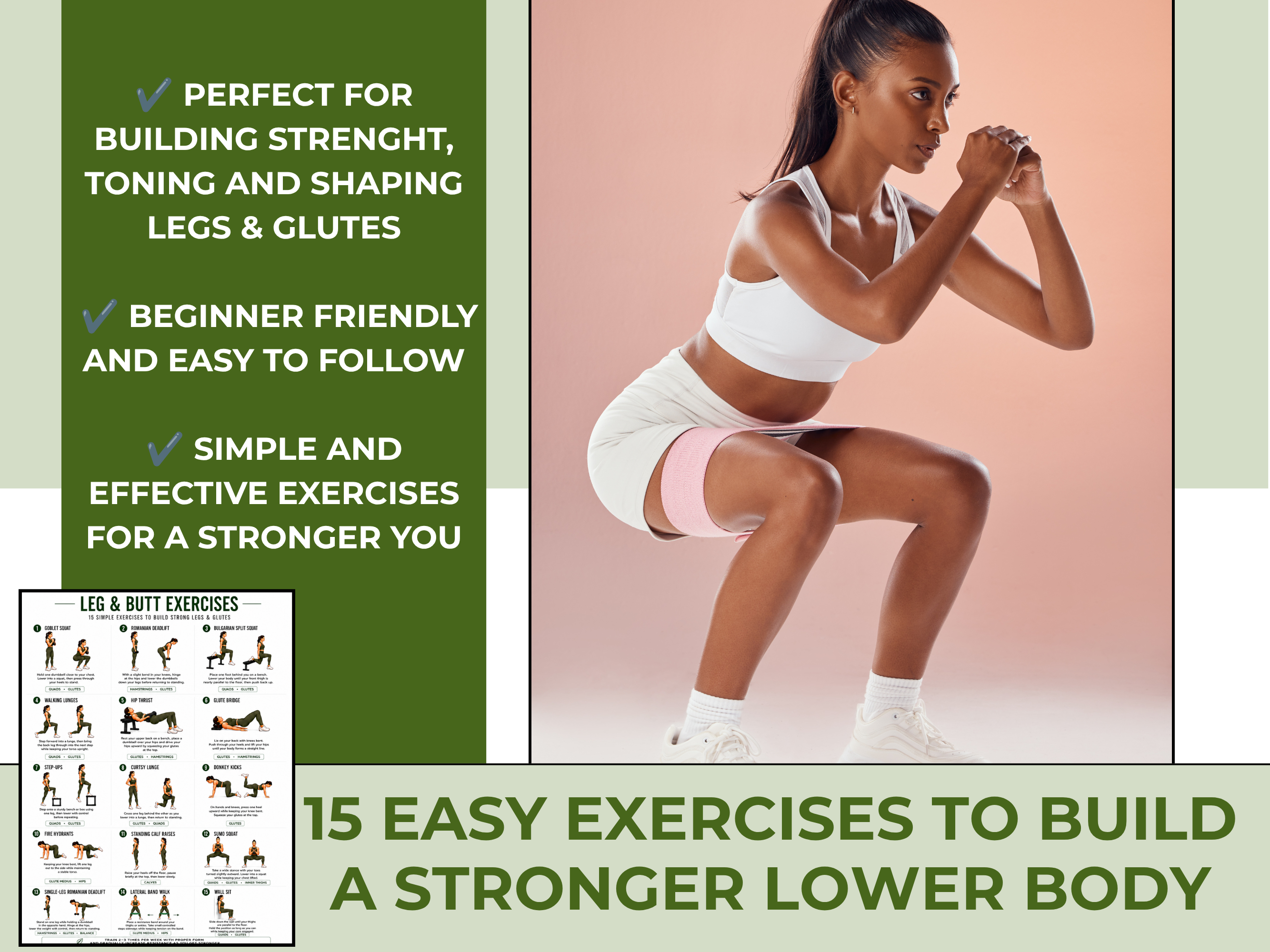 Leg & Butt Workout Chart Printable, 15 Glute and Leg Exercises, Home Workout Poster, Lower Body Exercise Guide