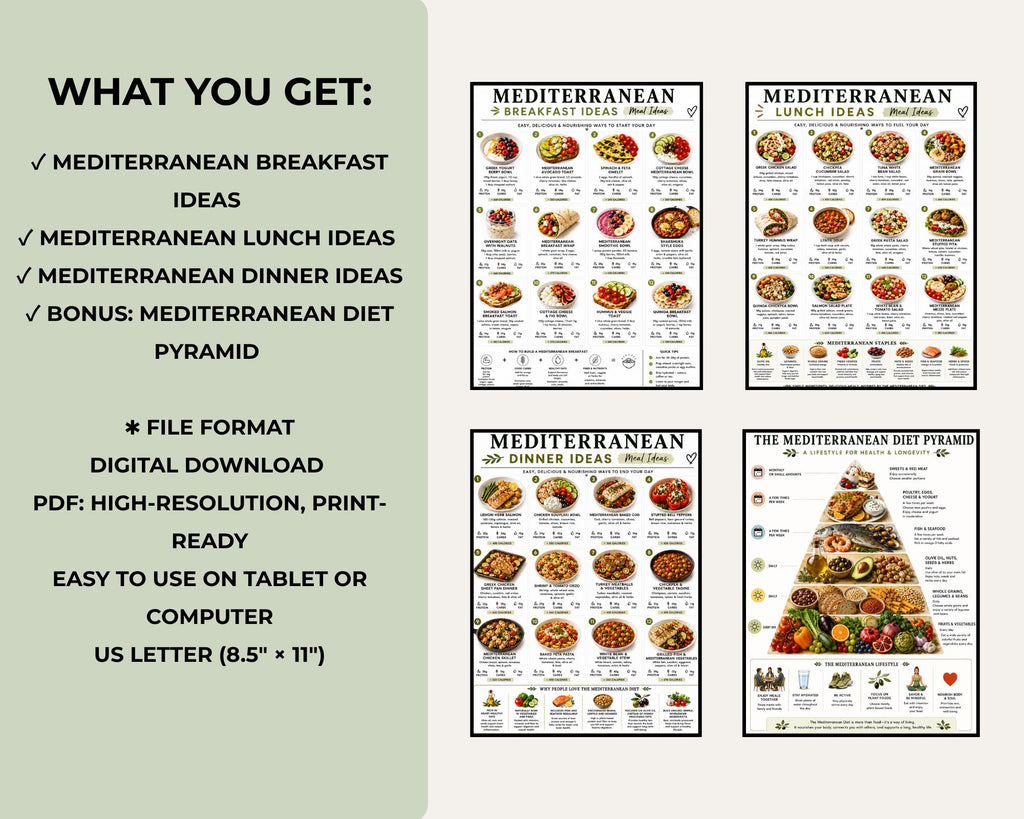 Mediterranean Meal Ideas Printable, Breakfast Lunch Dinner Meal List, Mediterranean Diet Meals PDF