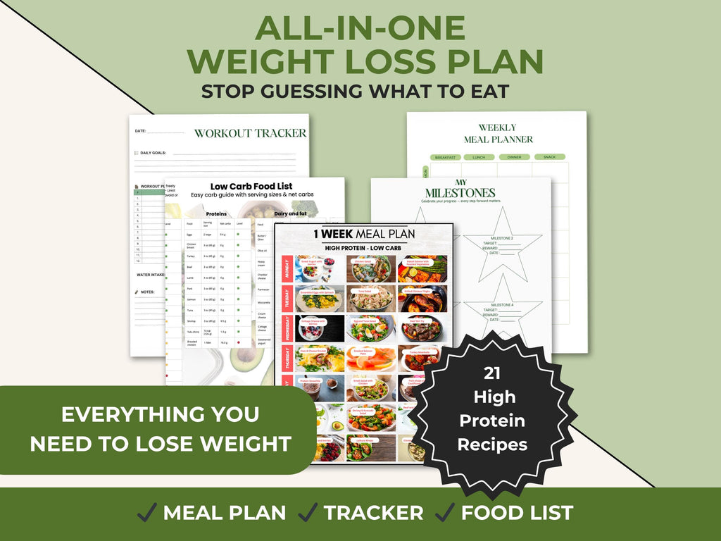 Weight Loss Guide Bundle, High Protein Low Carb Meal Plan, Tracker & Food Lists Printable