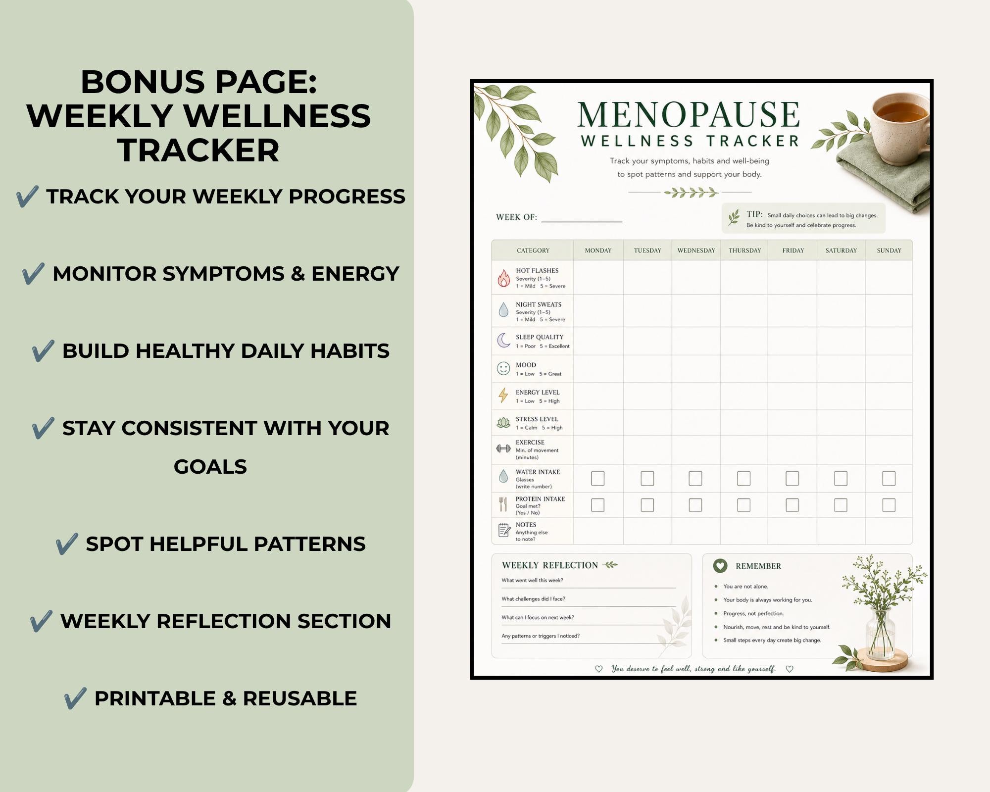 Menopause Grocery Shopping List, Weekly Wellness Tracker, Printable PDF