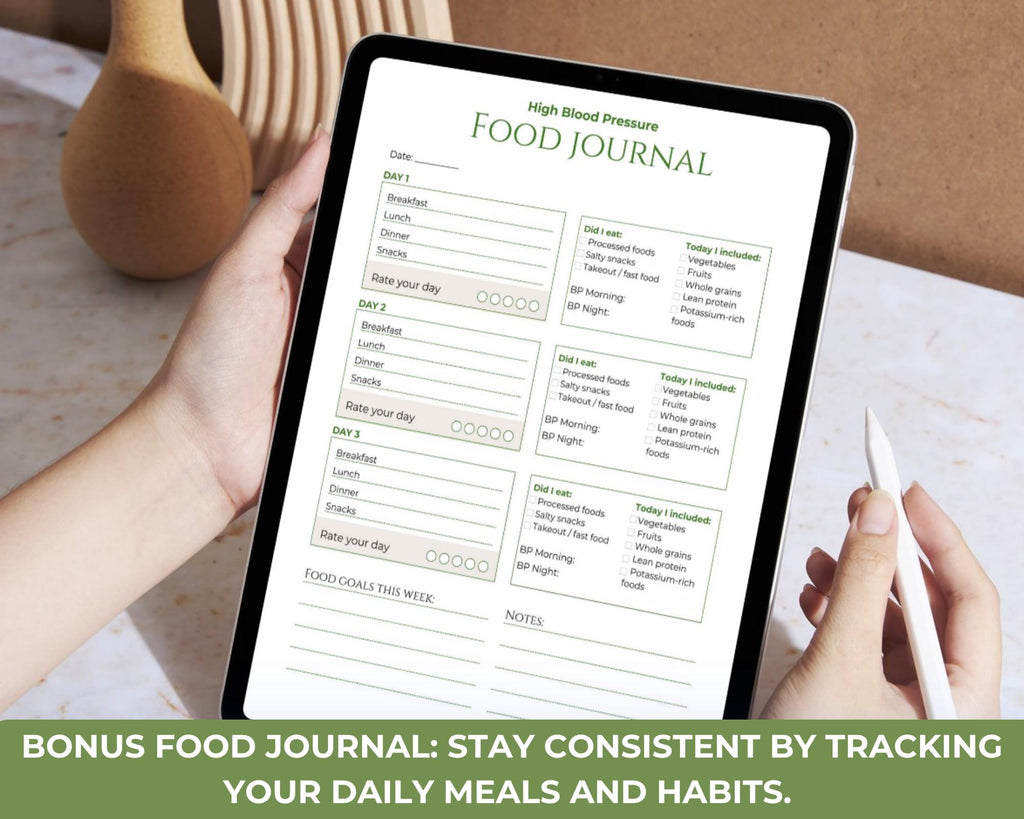 High Blood Pressure Food List Printable, Low Sodium Diet Chart, Heart Healthy Foods, Grocery List PDF + Food Journal