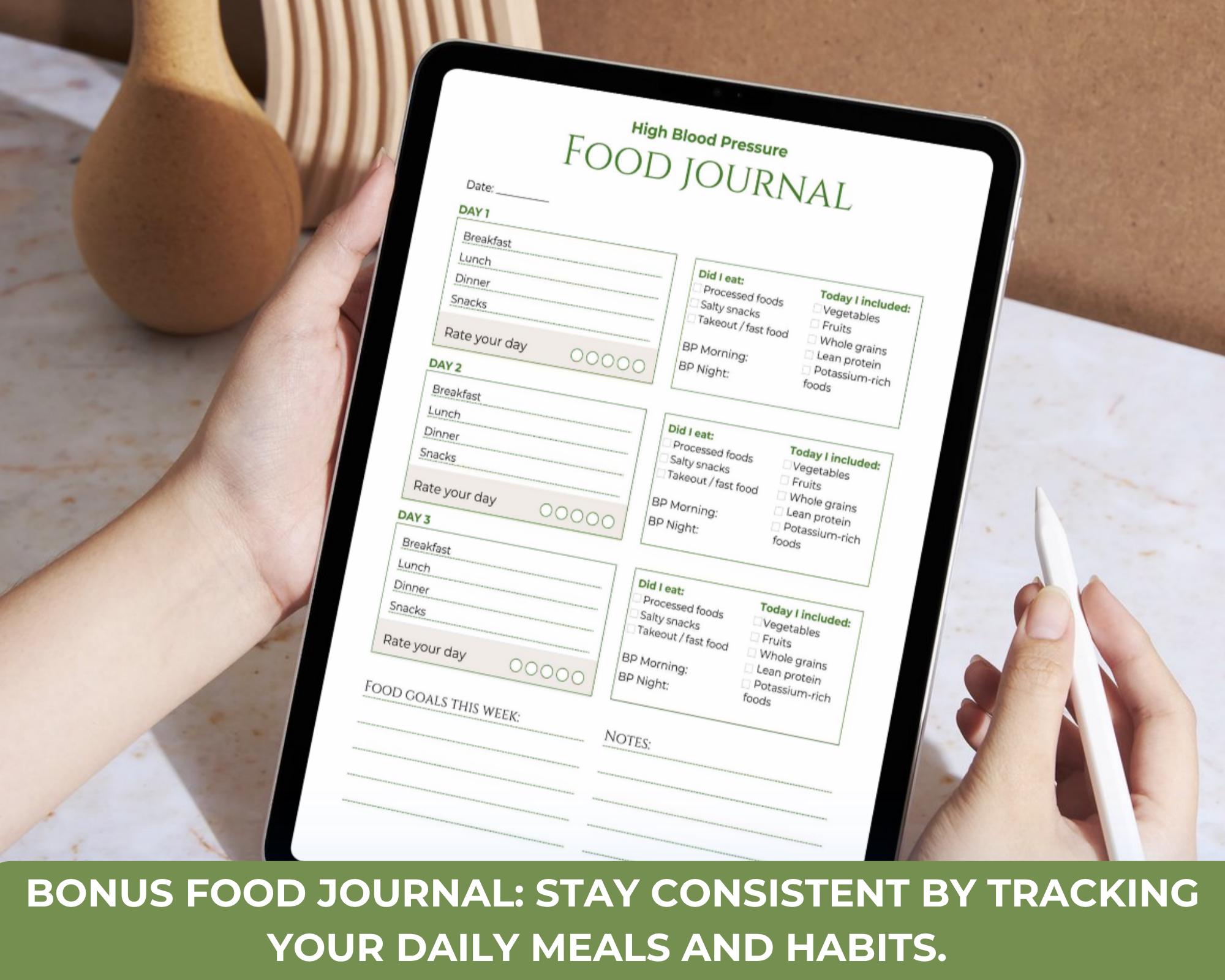 High Blood Pressure Food List Printable, Low Sodium Diet Chart, Heart Healthy Foods, Grocery List PDF + Food Journal