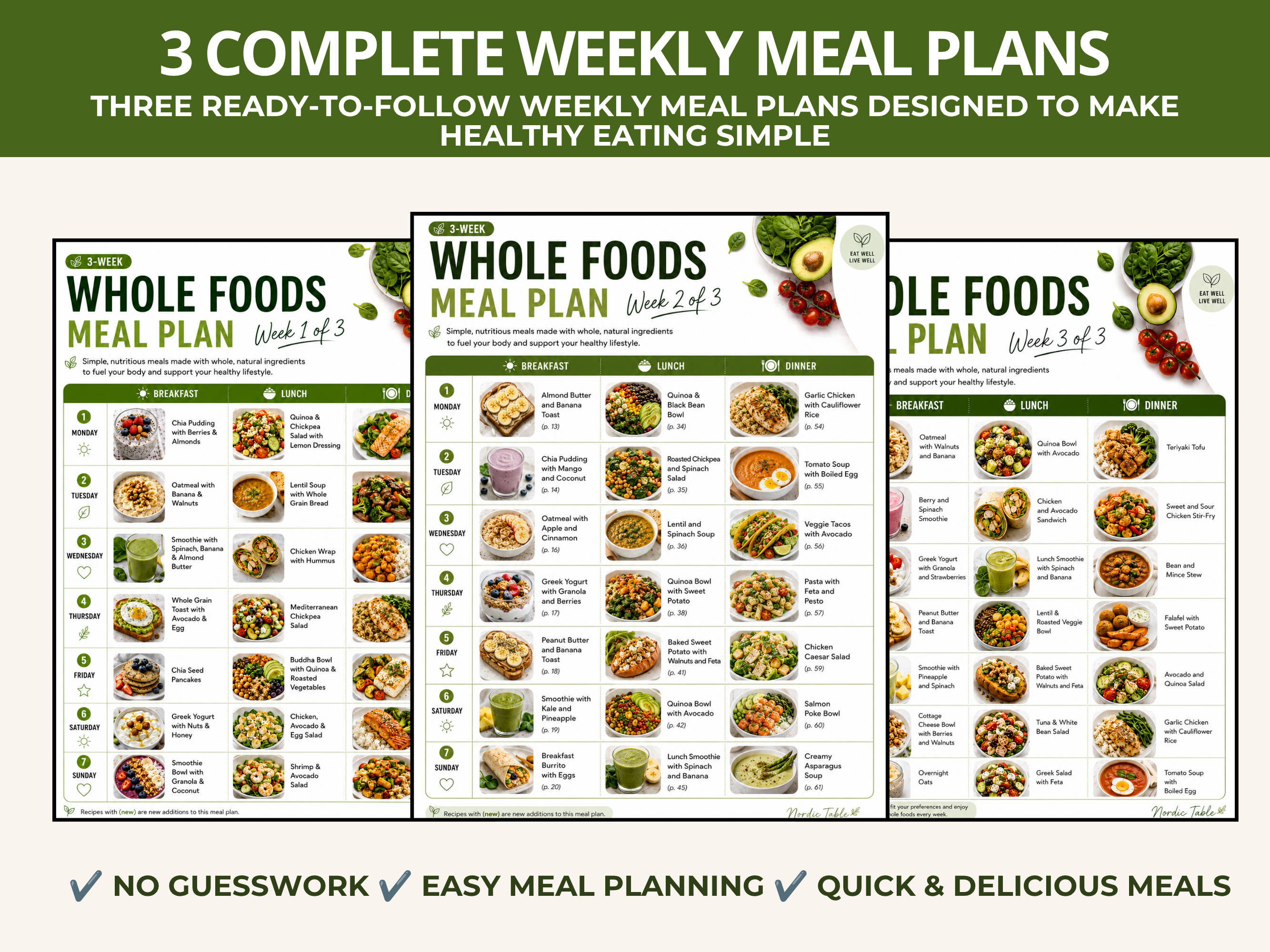 3 Week Whole Foods Meal Plan, 68 Healthy Recipes, Grocery Lists (PDF Download)