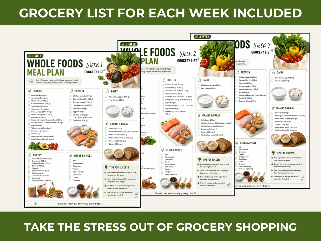 3 Week Whole Foods Meal Plan, 68 Healthy Recipes, Grocery Lists (PDF Download)