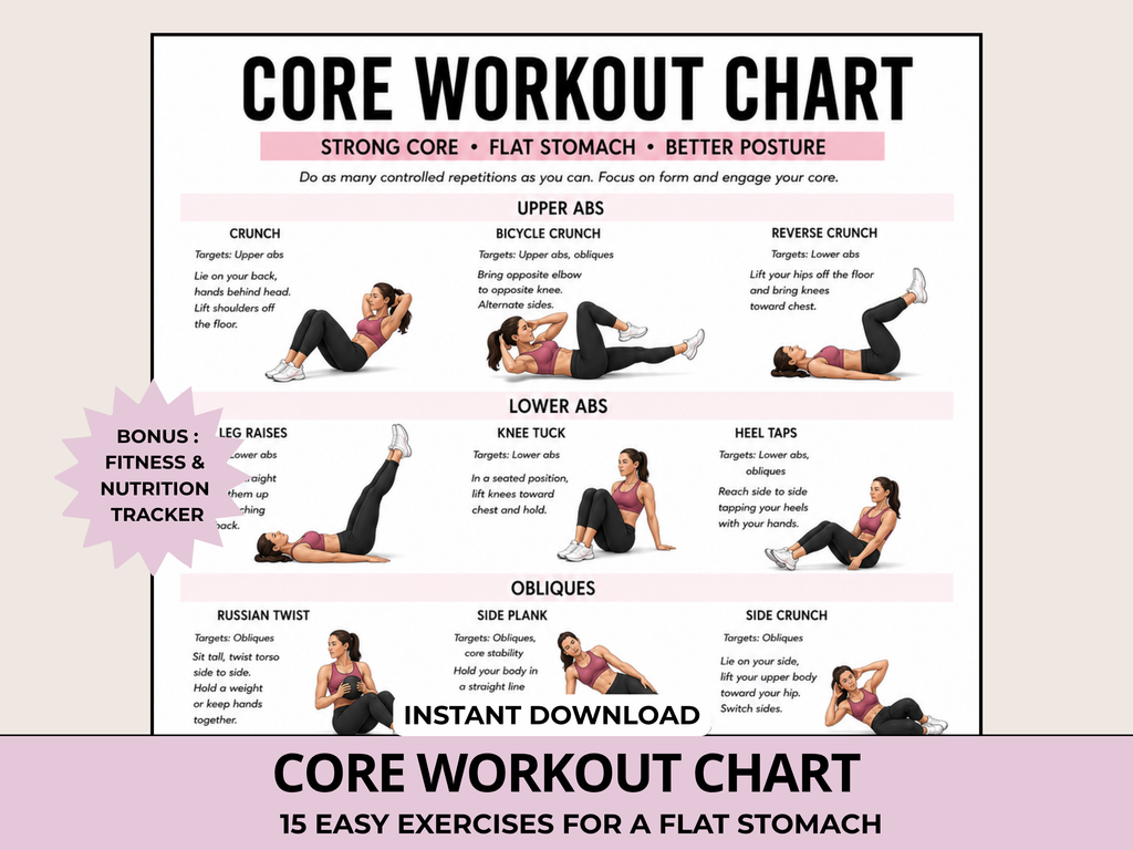 Core Workout Chart for Women, Flat Stomach and Abs Exercises & Fitness tracker