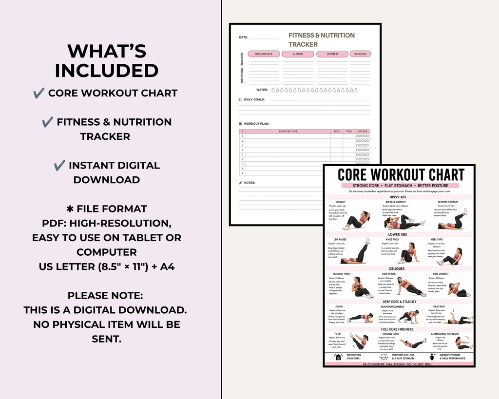 Core Workout Chart for Women, Flat Stomach and Abs Exercises & Fitness tracker