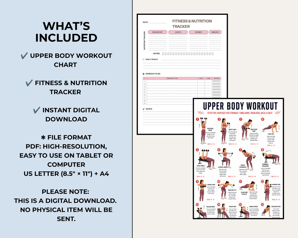 Upper Body Workout Chart, Dumbbell Exercise Poster PDF