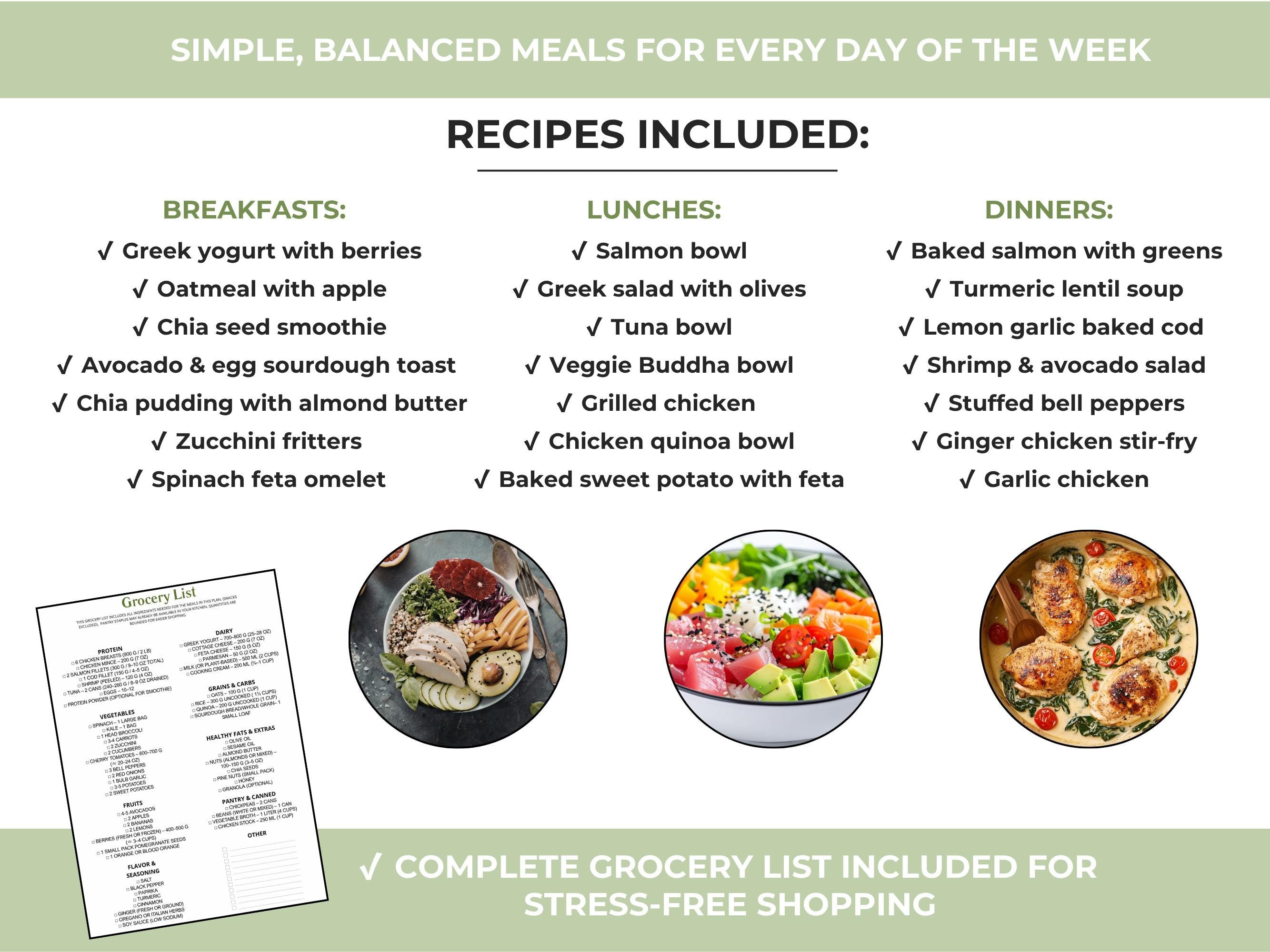 Anti Inflammatory Meal Plan, Anti Inflammatory Meals, 7 Day Printable Diet Plan, Recipes, Grocery & Snack List PDF