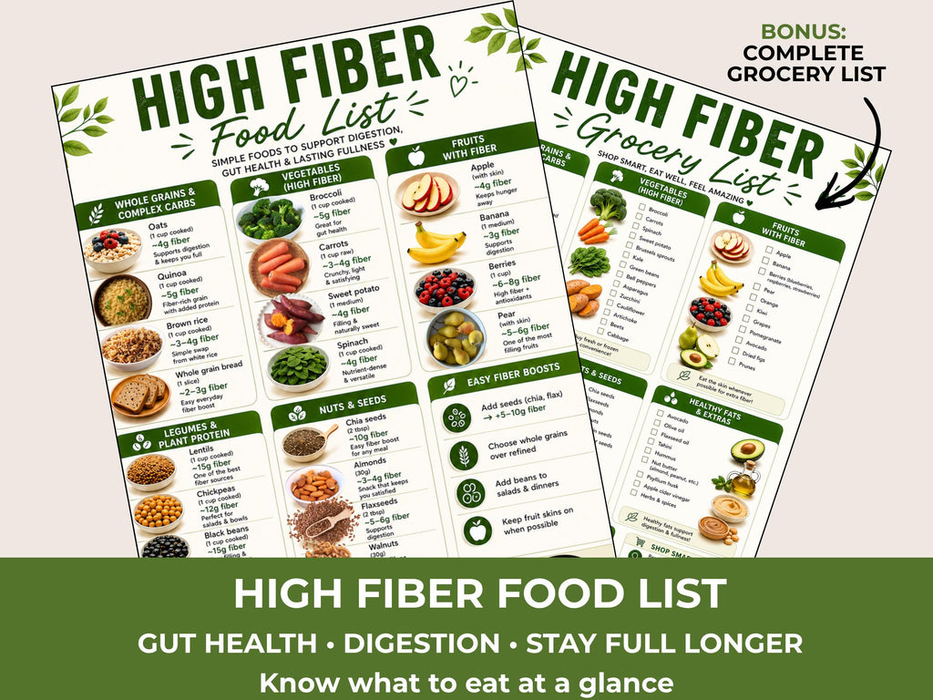 High Fiber Foods List Printable, Grocery List PDF, Gut Health Food Chart, High Fiber Diet