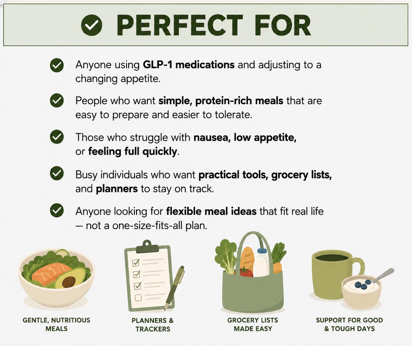 Ultimate GLP-1 Diet Food Guide, 40 Recipes, Meal Plan, Grocery Lists, Planner & Tracker