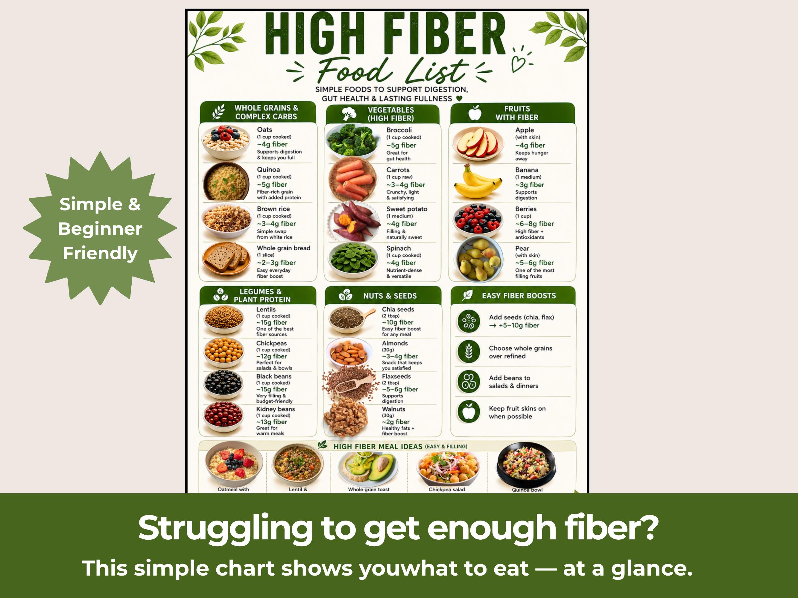 High Fiber Foods List Printable, Grocery List PDF, Gut Health Food Chart, High Fiber Diet