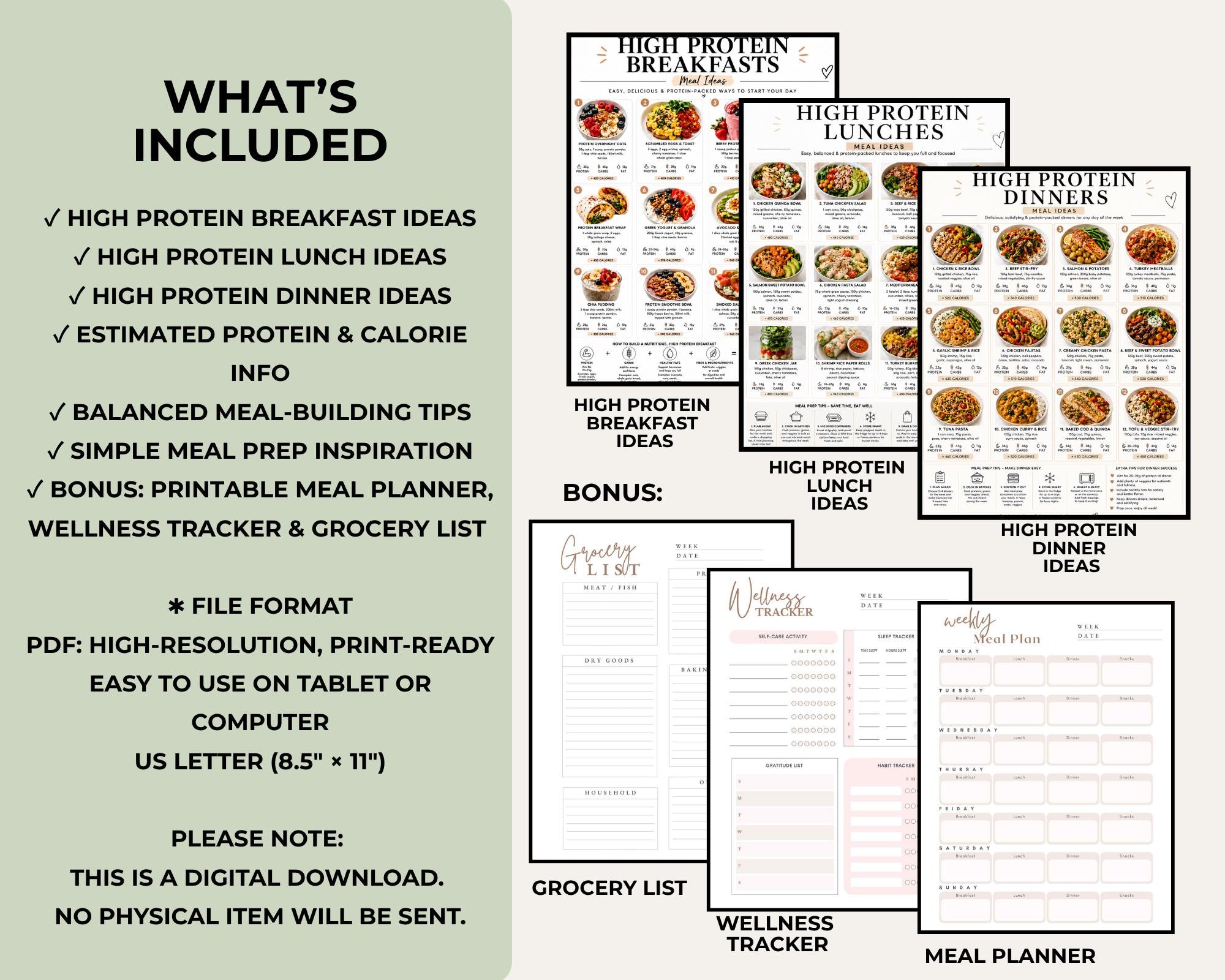 High Protein Meals Printable, Healthy Breakfast Lunch & Dinner Ideas PDF