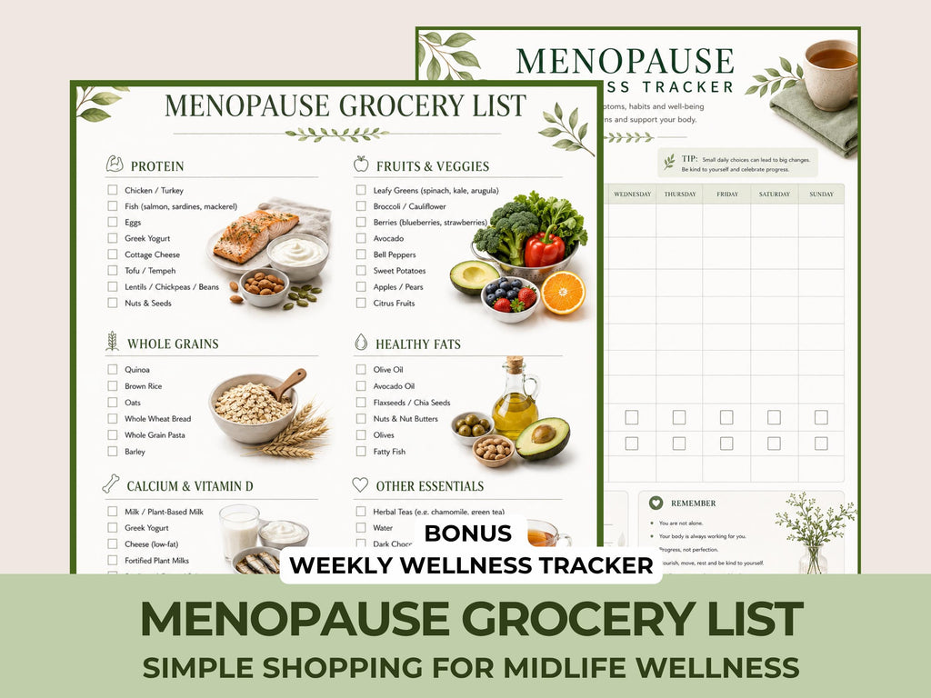 Menopause Grocery Shopping List, Weekly Wellness Tracker, Printable PDF
