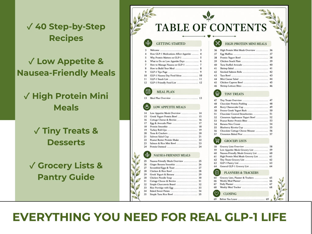 Ultimate GLP-1 Diet Food Guide, 40 Recipes, Meal Plan, Grocery Lists, Planner & Tracker