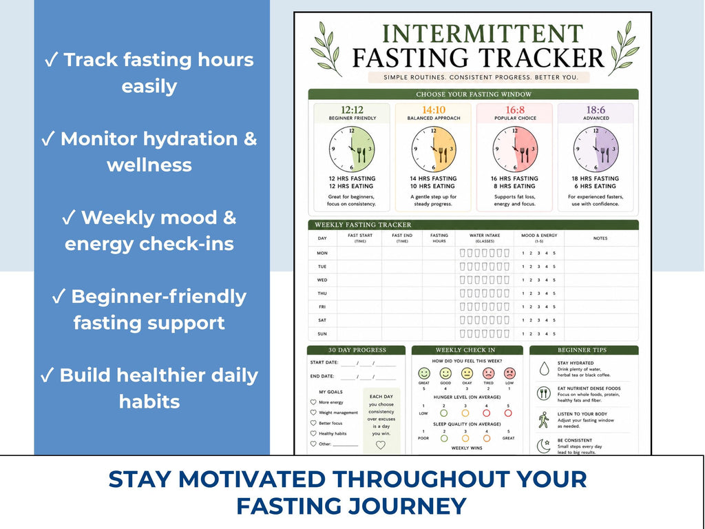 Intermittent Fasting Tracker Printable PDF, 30 Day Fasting Challenge & Wellness Journal