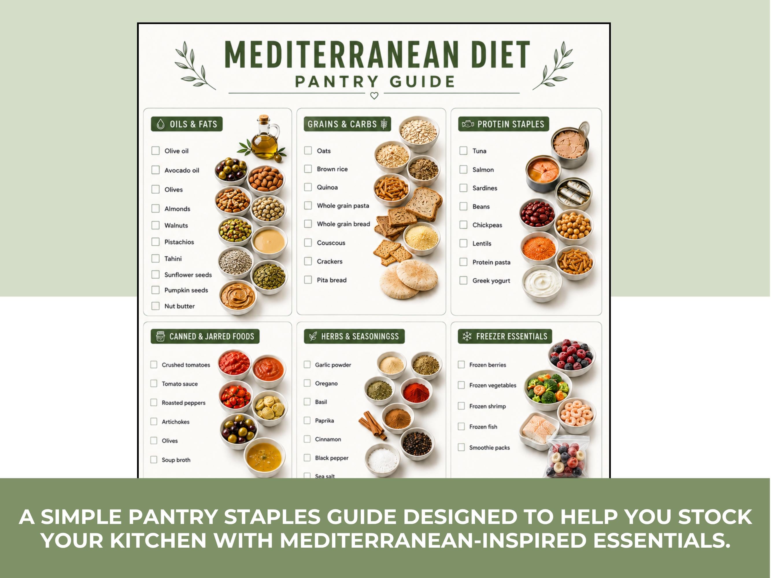 Mediterranean Food List Printable, Meal Ideas, Grocery List & Snack Guide