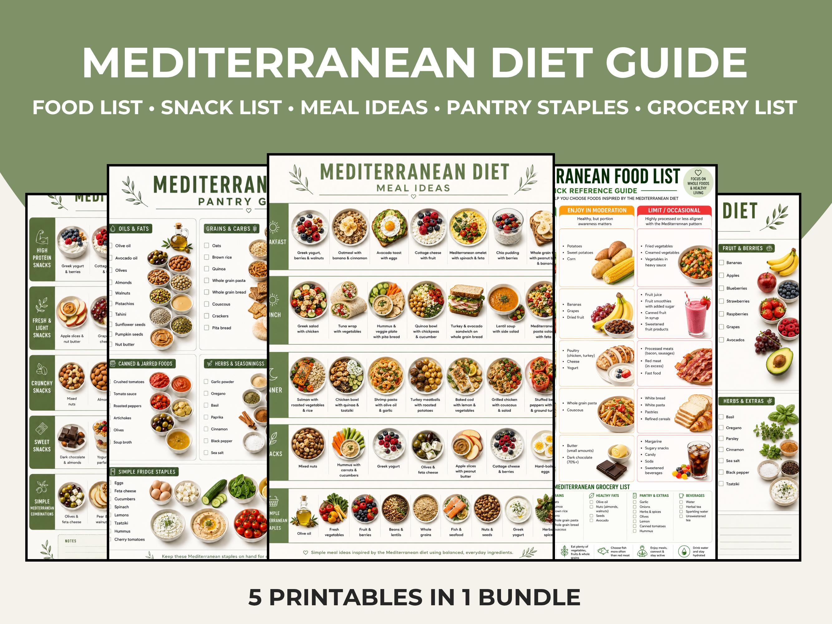 Mediterranean Food List Printable, Meal Ideas, Grocery List & Snack Guide