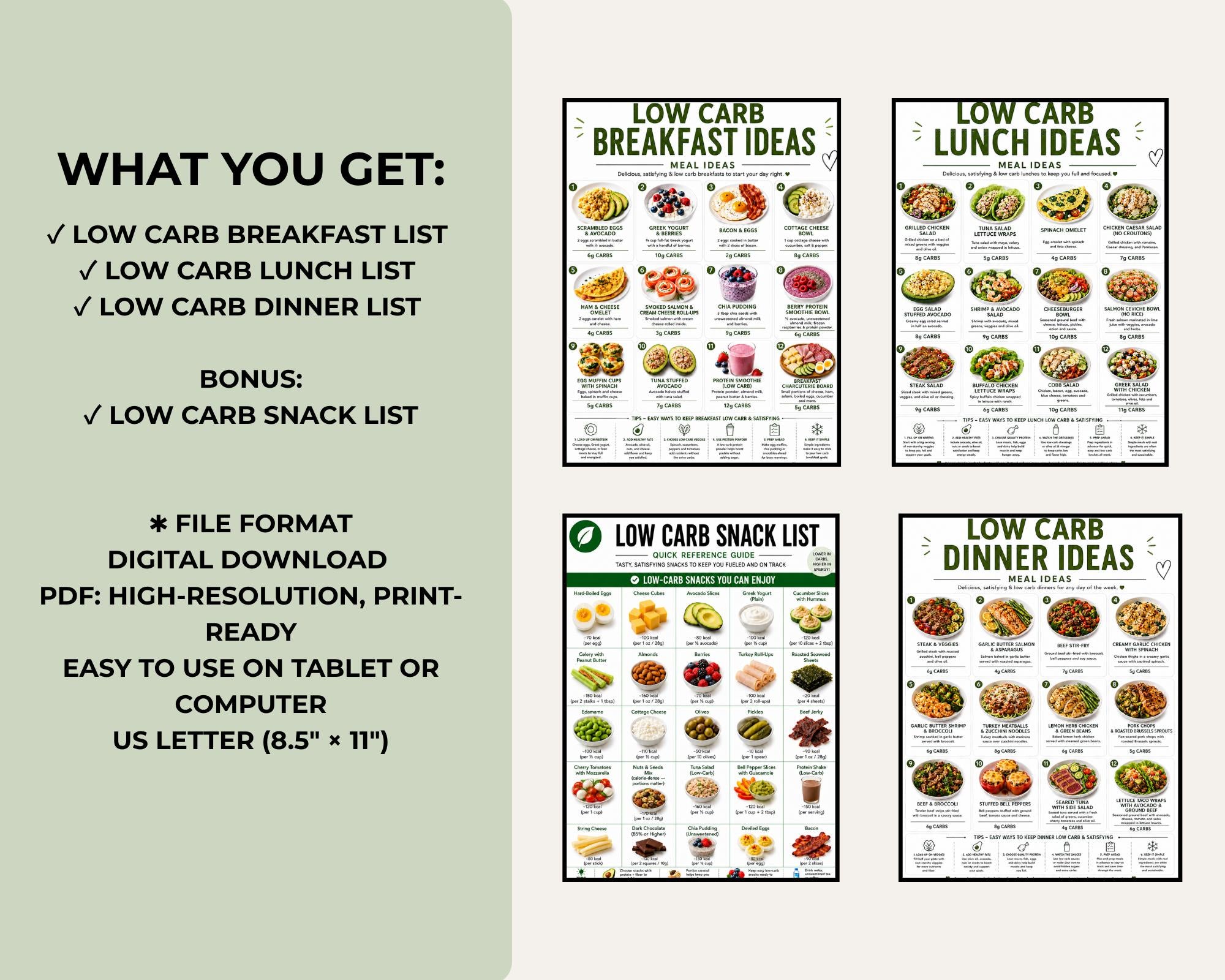 Low Carb Meal List Printable, Breakfast Lunch Dinner Ideas, PDF