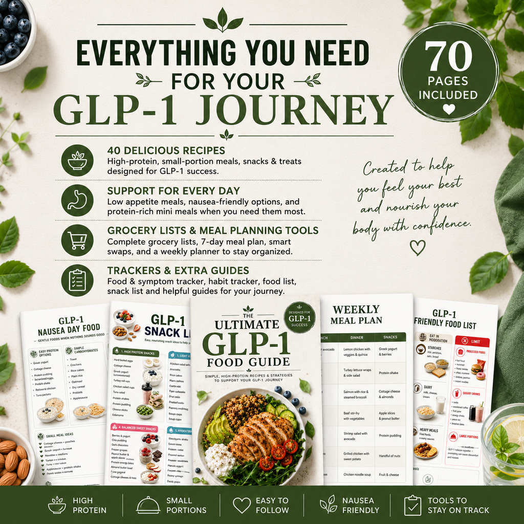 Preview of the 70-page printable GLP-1 Diet Food Guide with recipes, meal planning tools and nutrition resources.